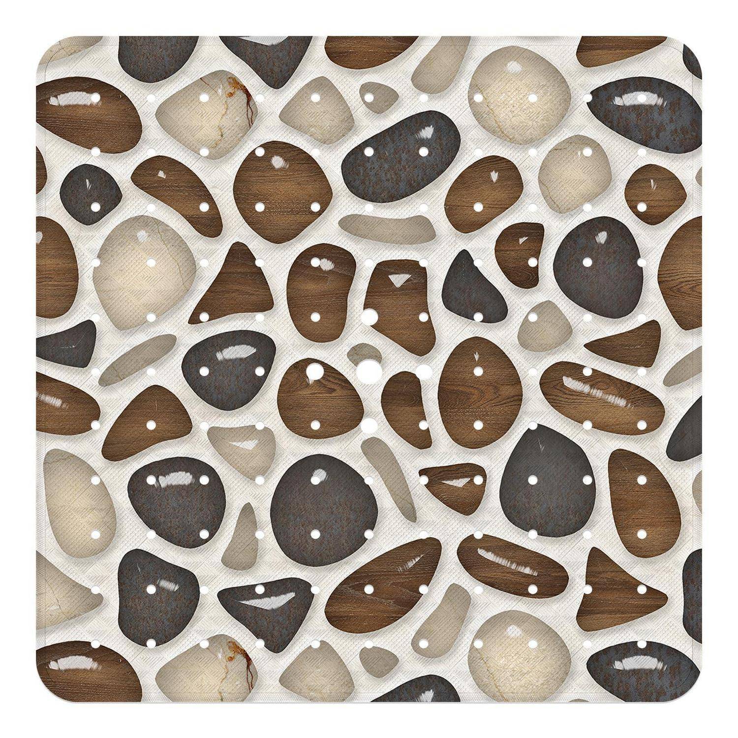 Abstraktes Mosaik aus glatten Kieselsteinen in Beige, Braun und Dunkelgrau auf einem weißen gitterartigen Hintergrund.