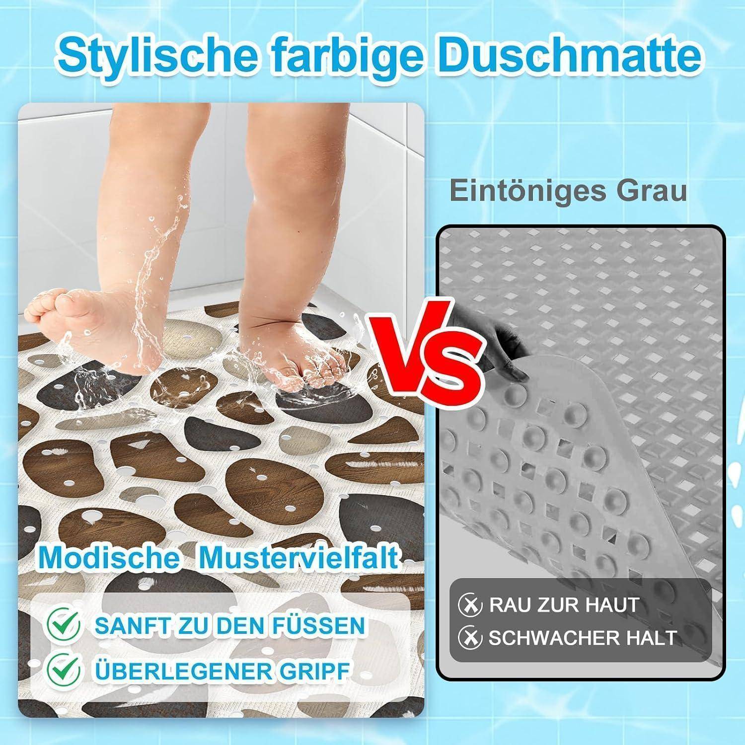 Advertising graphics for shower mats: on the left, a colorfully patterned mat with wet feet and the indications 'Gentle on feet' and 'Superior grip'; on the right, a gray mat with 'Rough on skin' and 'Weak hold'.