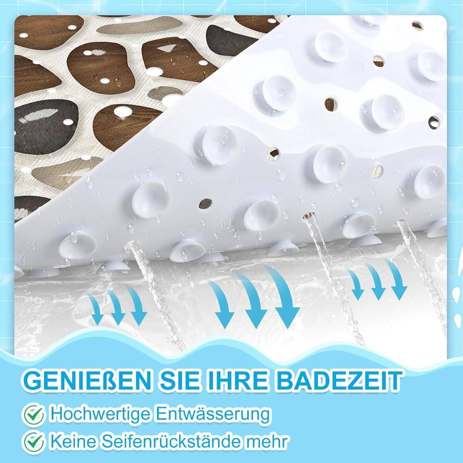 Nahaufnahme einer weißen Badewannenmatte mit Saugnäpfen und Wasser, das hindurchfließt, beschriftet auf Deutsch: 'GENIEßEN SIE IHRE BADEZEIT', 'Hochwertige Entwässerung', 'Keine Seifenrückstände mehr'.
