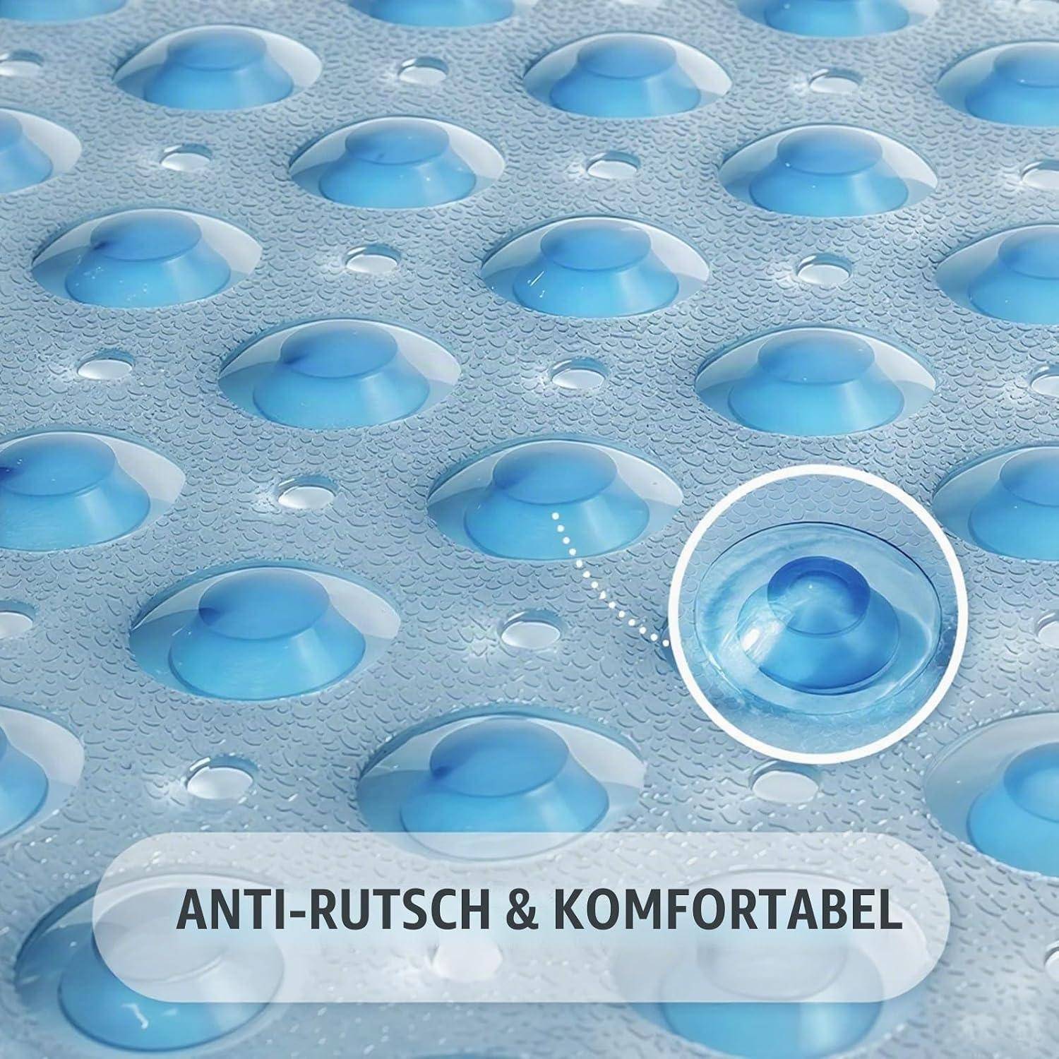 Nahaufnahme einer strukturierten blauen Rutschfestigkeitsfläche mit erhabenen Wassertropfenformen, beschriftet mit 'ANTI-RUTSCH & KOMFORTABEL', um Komfort und Griffigkeit zu betonen.