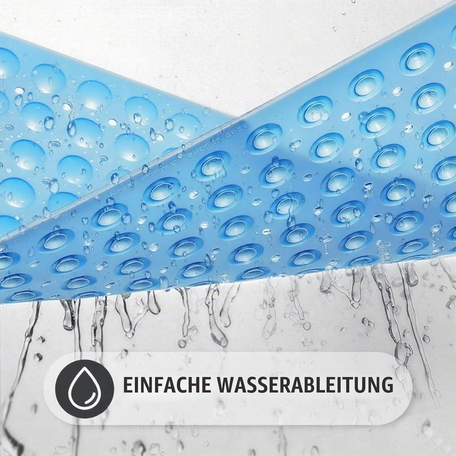 Blaue Lochpaneele leiten tropfendes Wasser in einen unteren Bereich, was eine einfache Wasserdrainage veranschaulicht; die Beschriftung lautet „EINFACHE WASSERABLEITUNG