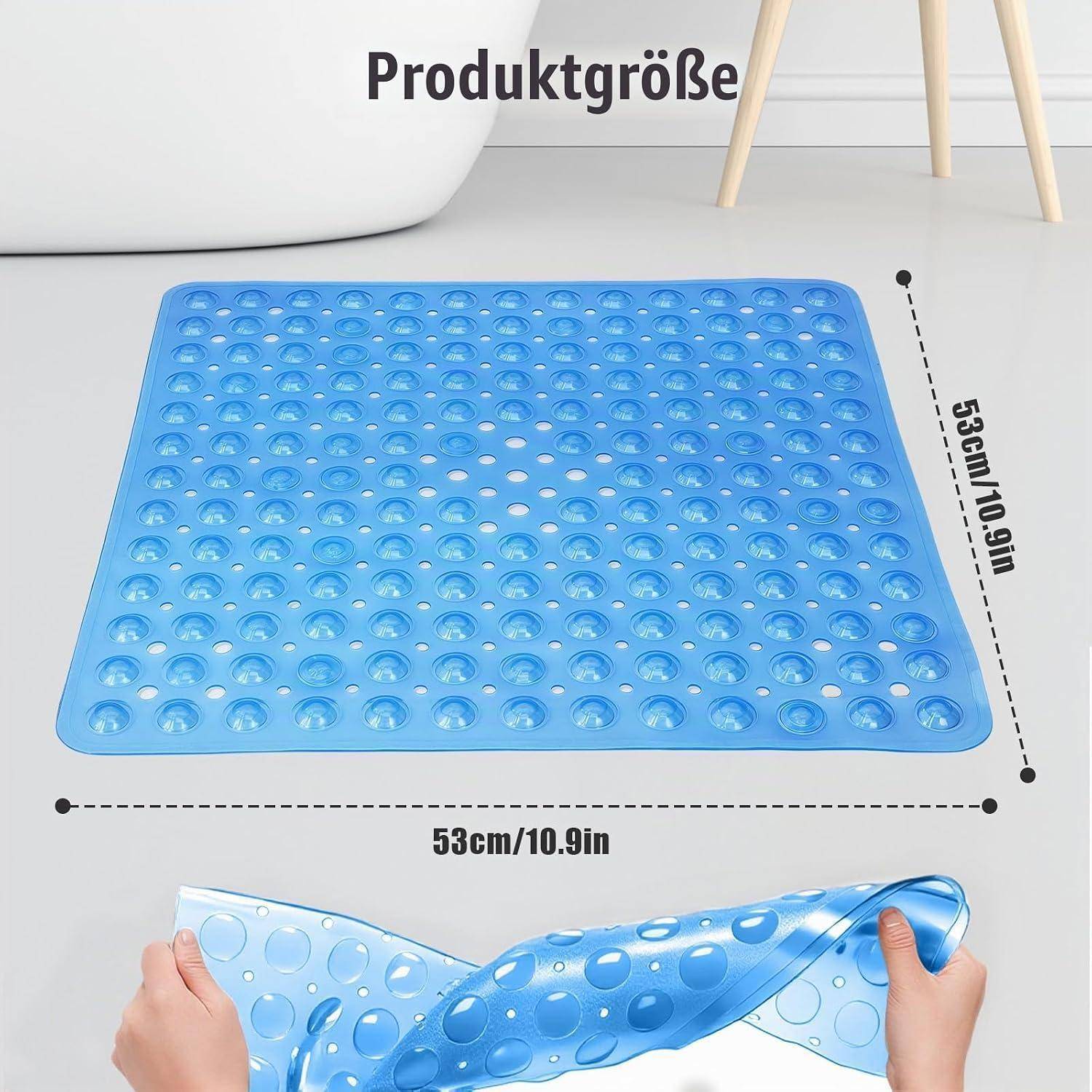 Blaue quadratische Silikon-Blasenmatte, gezeigt mit den Maßen 53 cm x 53 cm, mit Händen, die ihre flexible Textur demonstrieren.