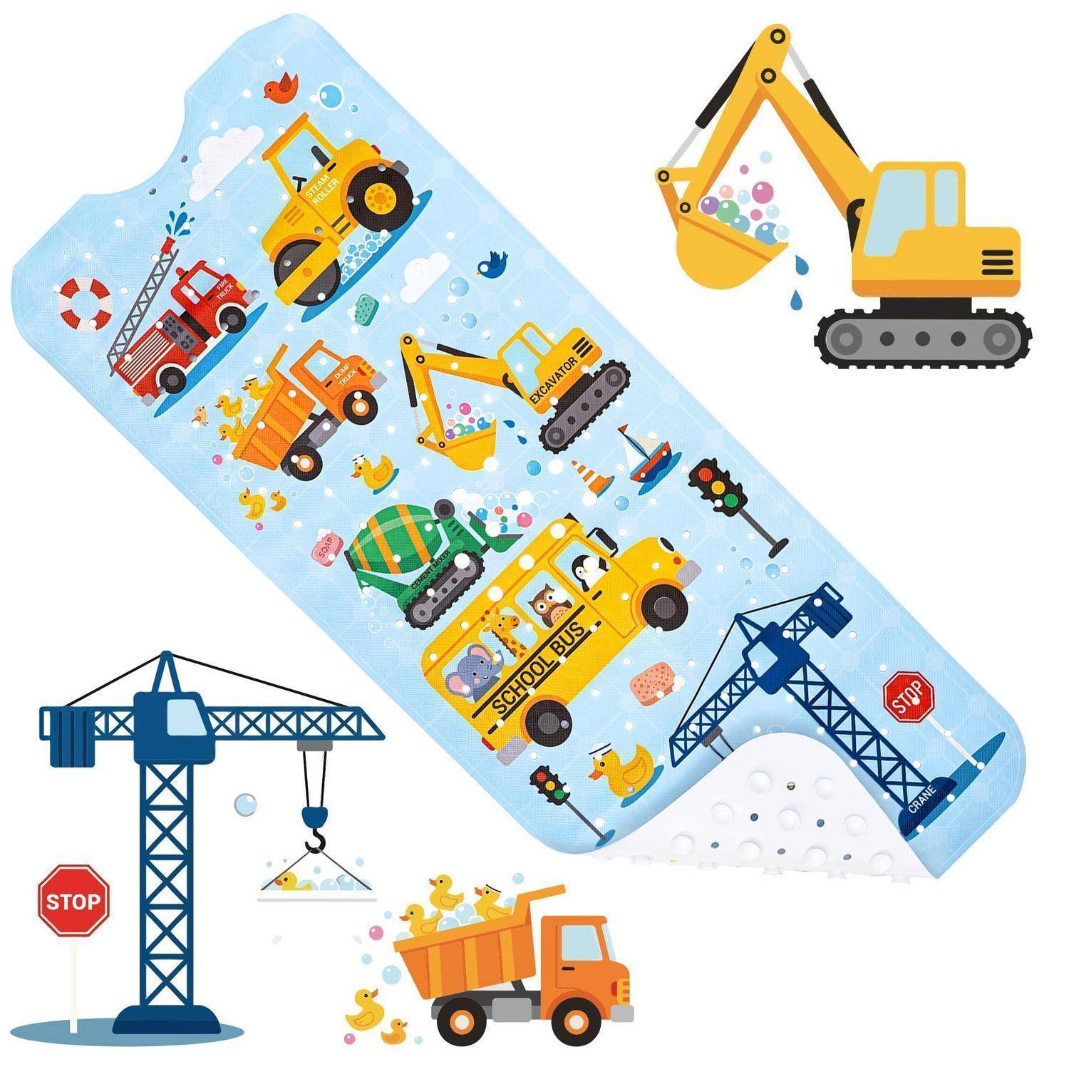 Illustration von Baufahrzeugen, die auf einer blauen Handyhülle angeordnet sind, darunter Bagger, Kipplastwagen, ein Schulbus, Kräne und Stoppzeichen.
