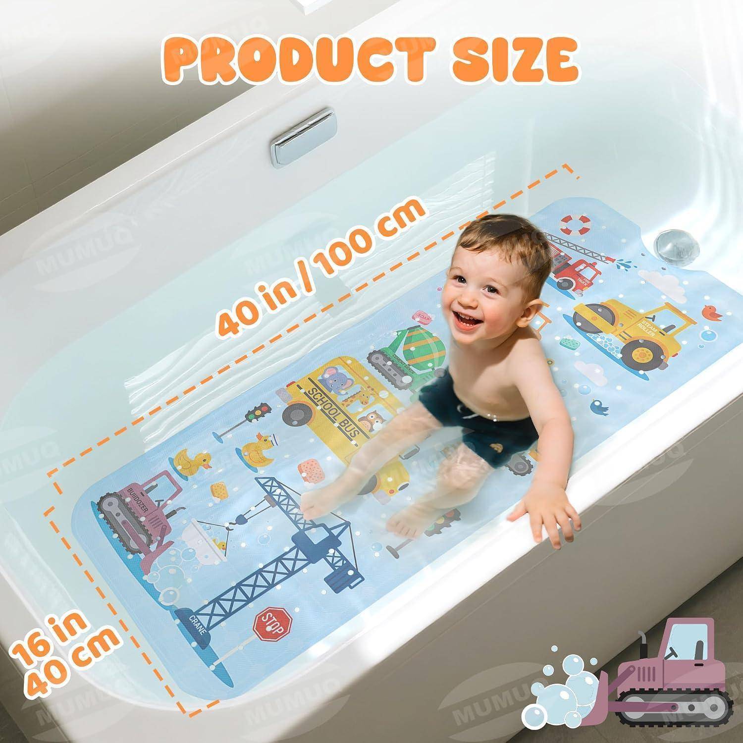 Illustration eines Babys in einer Badewanne mit Produktgröße markiert als 40 Zoll/100 cm lang und 16 Zoll/40 cm breit.