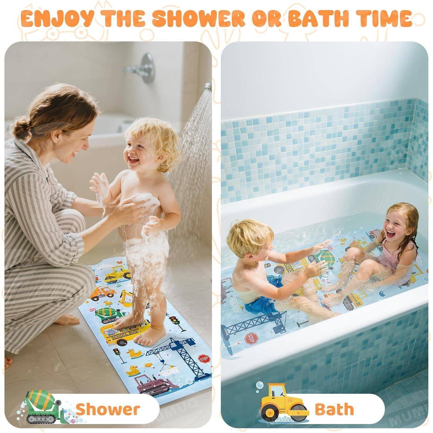 Geteiltes Bild zum Vergleich von Dusche und Badewanne: Ein Elternteil hilft einem Kind unter der Dusche, und zwei Kinder spielen in einer Badewanne, mit den Beschriftungen „Dusche