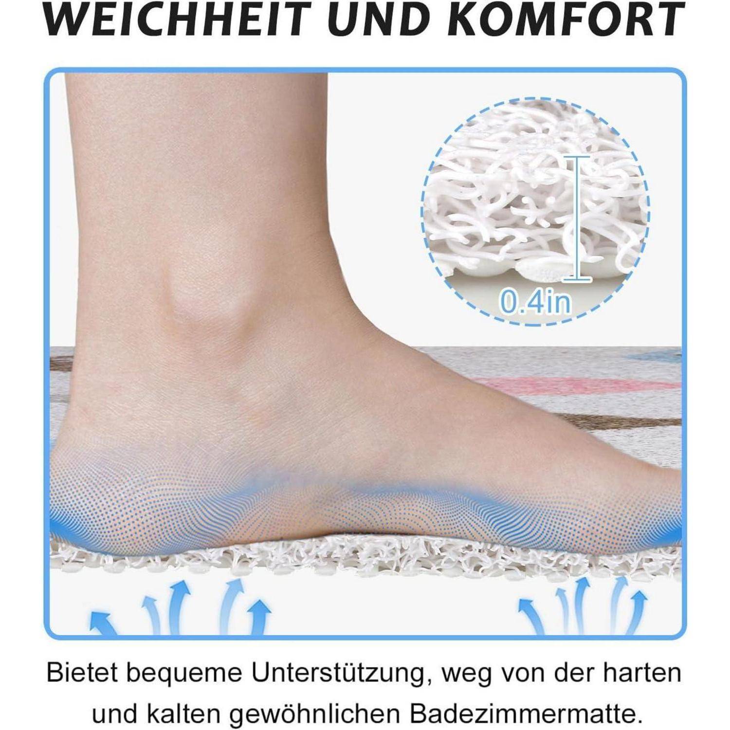 Fuß auf einer gepolsterten Badmatte, die weiches Komfort und Unterstützung zeigt, mit '0,4 Zoll' Dicke hervorgehoben und deutschem Text über Komfort und Unterstützung.