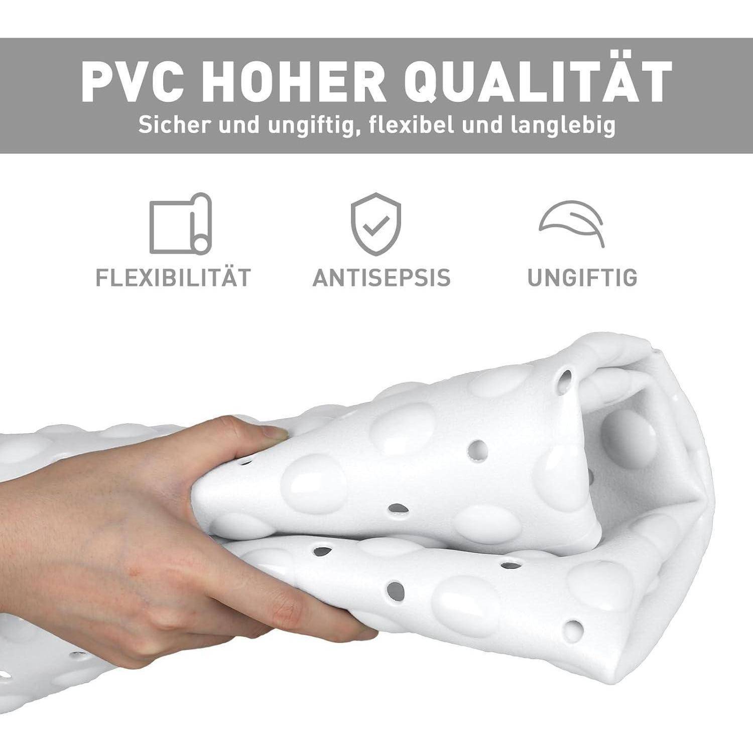 Anzeige mit weißem PVC-Schlauch, der von einer Hand gebogen wird, mit der Bezeichnung „PVC HOHER QUALITÄT