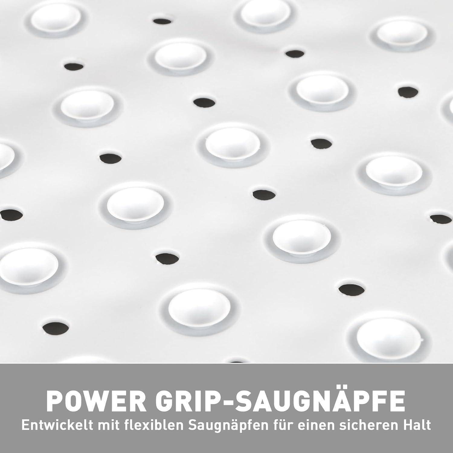 Nahaufnahme eines weißen perforierten Materials mit erhöhten Saugnäpfen und schwarzen Löchern; Text lautet „POWER GRIP-SAUGNÄPFE
