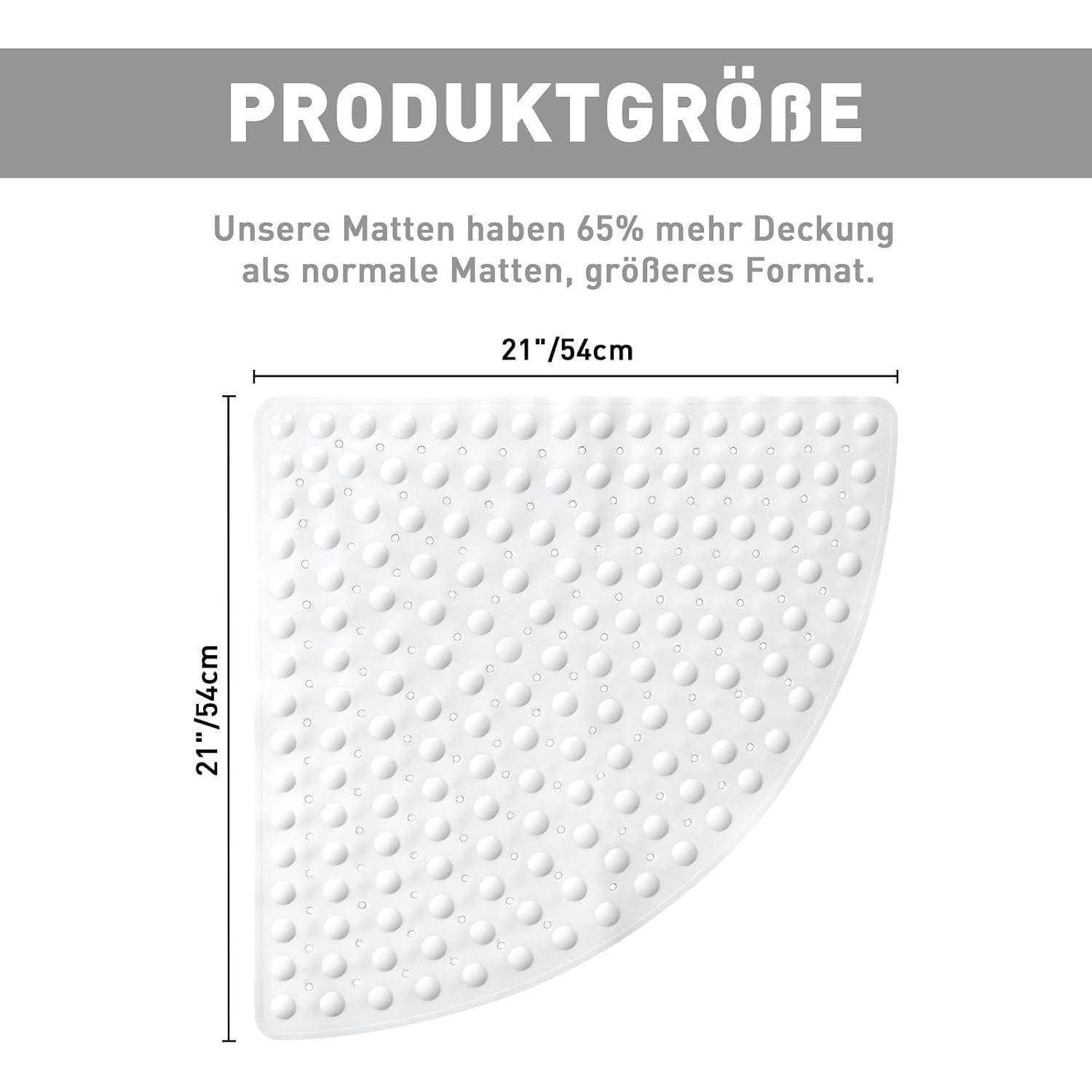 Produktgrößentabelle für eine gewölbte Badematte, mit einer Größe von 21 x 21 Zoll (54 x 54 cm), die 65% mehr Abdeckung als Standard-Matten bietet.