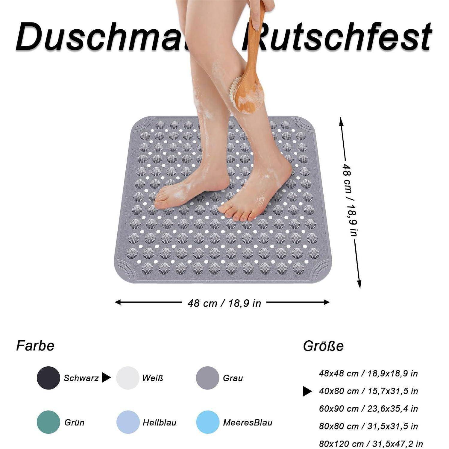 Produktbild einer rutschfesten Duschmatte mit der Bezeichnung 'Duschmatte rutschfest', in Gebrauch beim Schrubben gezeigt, mit einer Größe von 48 x 48 cm und Farboptionen auf Deutsch.