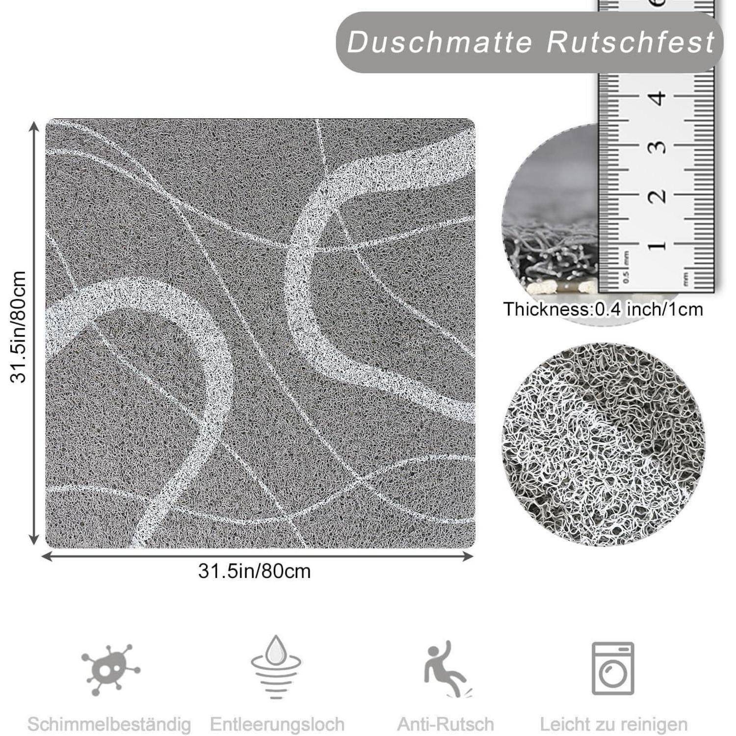 Graues quadratisches Duschpad mit Wellenmuster, Maße 31,5 Zoll/80 cm und 0,4 Zoll/1 cm Dicke, mit rutschfesten und waschbaren Eigenschaften.
