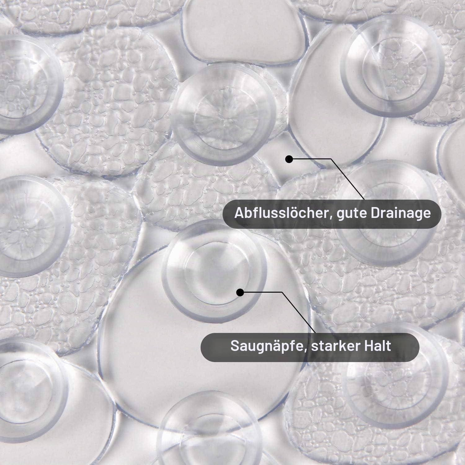Nahaufnahme einer transparenten Badematte mit Saugnapf und beschrifteten Ablöchern und Saugnäpfen, die 