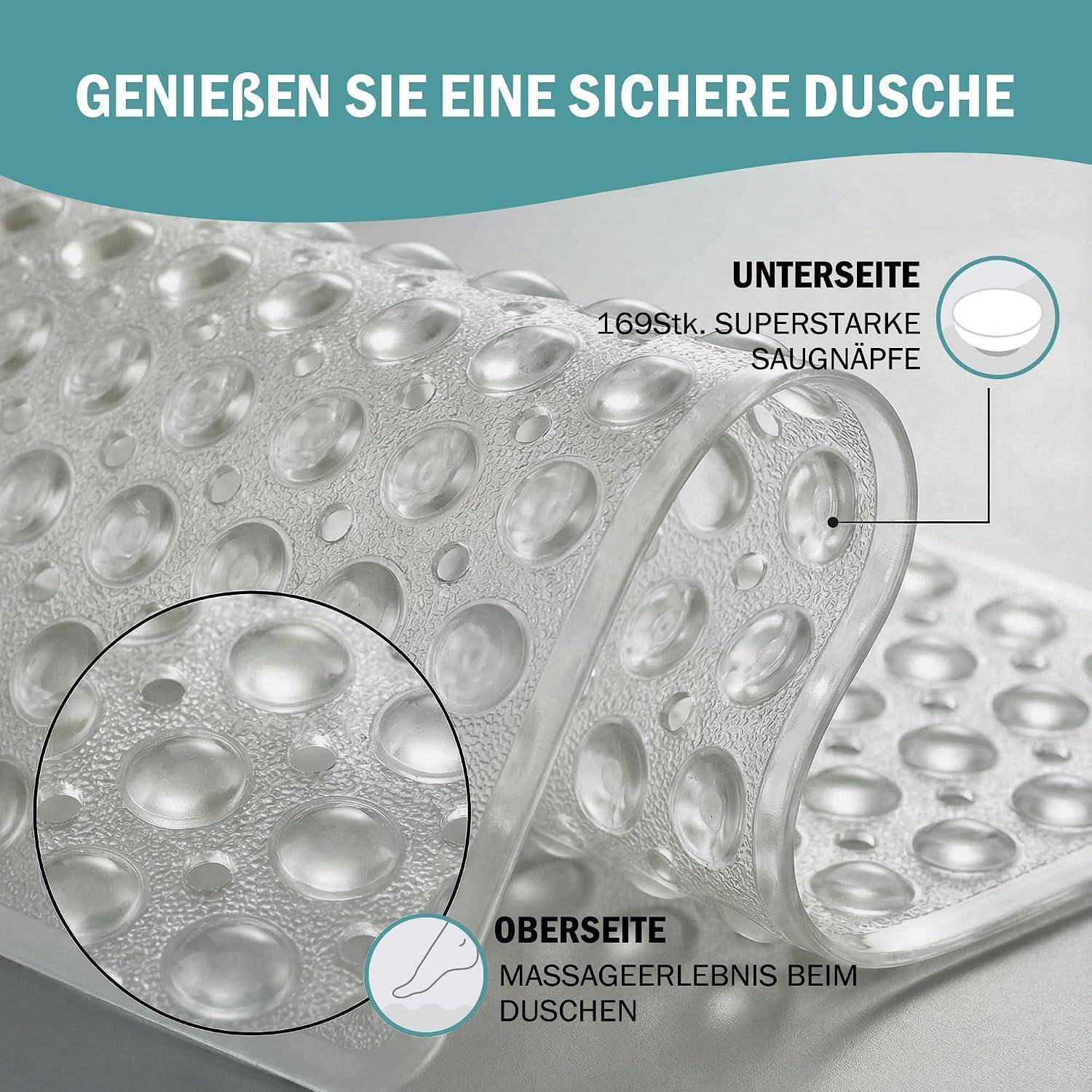 Duschmatte mit vielen Saugnäpfen auf der Unterseite und Massagetextur auf der Oberseite; deutscher Text besagt „Genießen Sie eine sichere Dusche