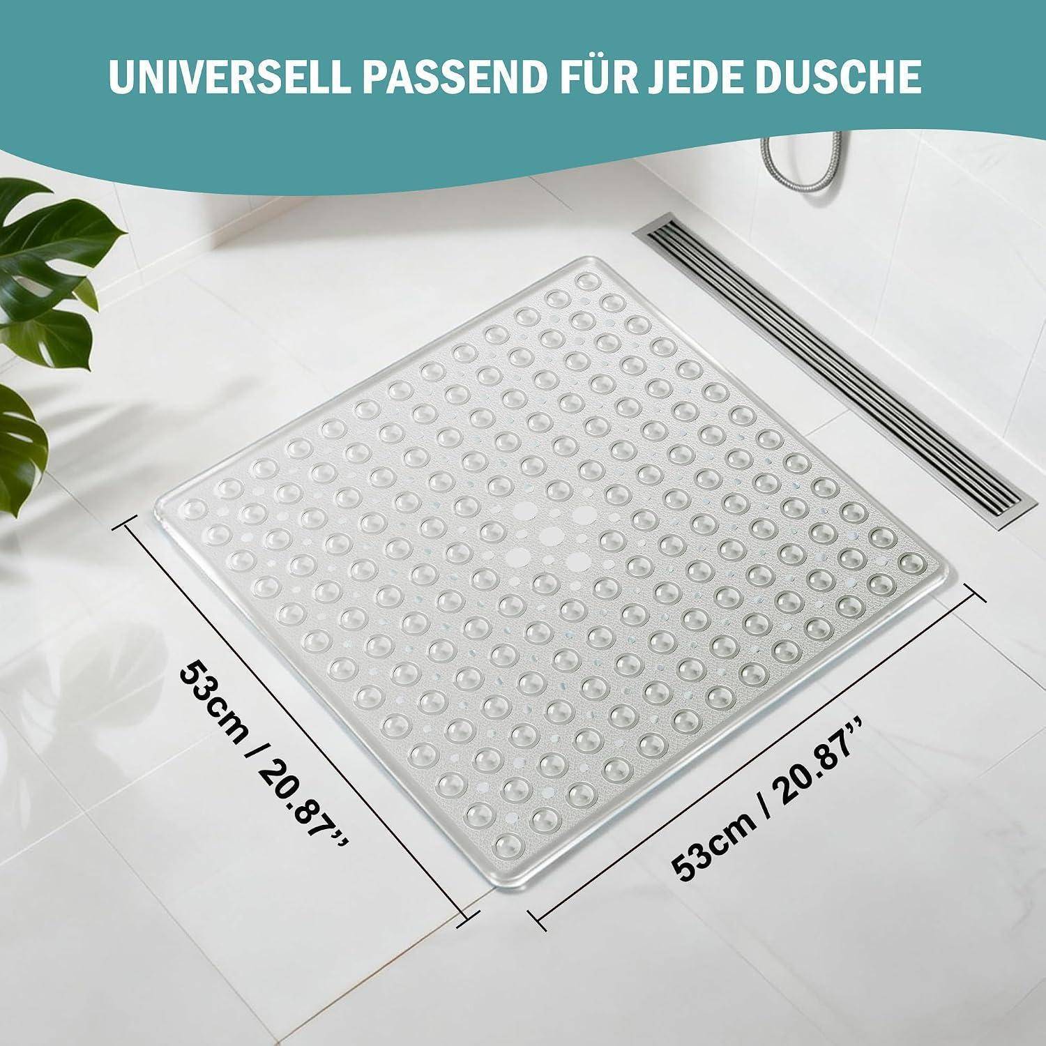 Quadratische Duschmatte mit Saugnäpfen, gekennzeichnet als universelle Passform für jede Dusche, Abmessungen 53 cm x 53 cm (20,87