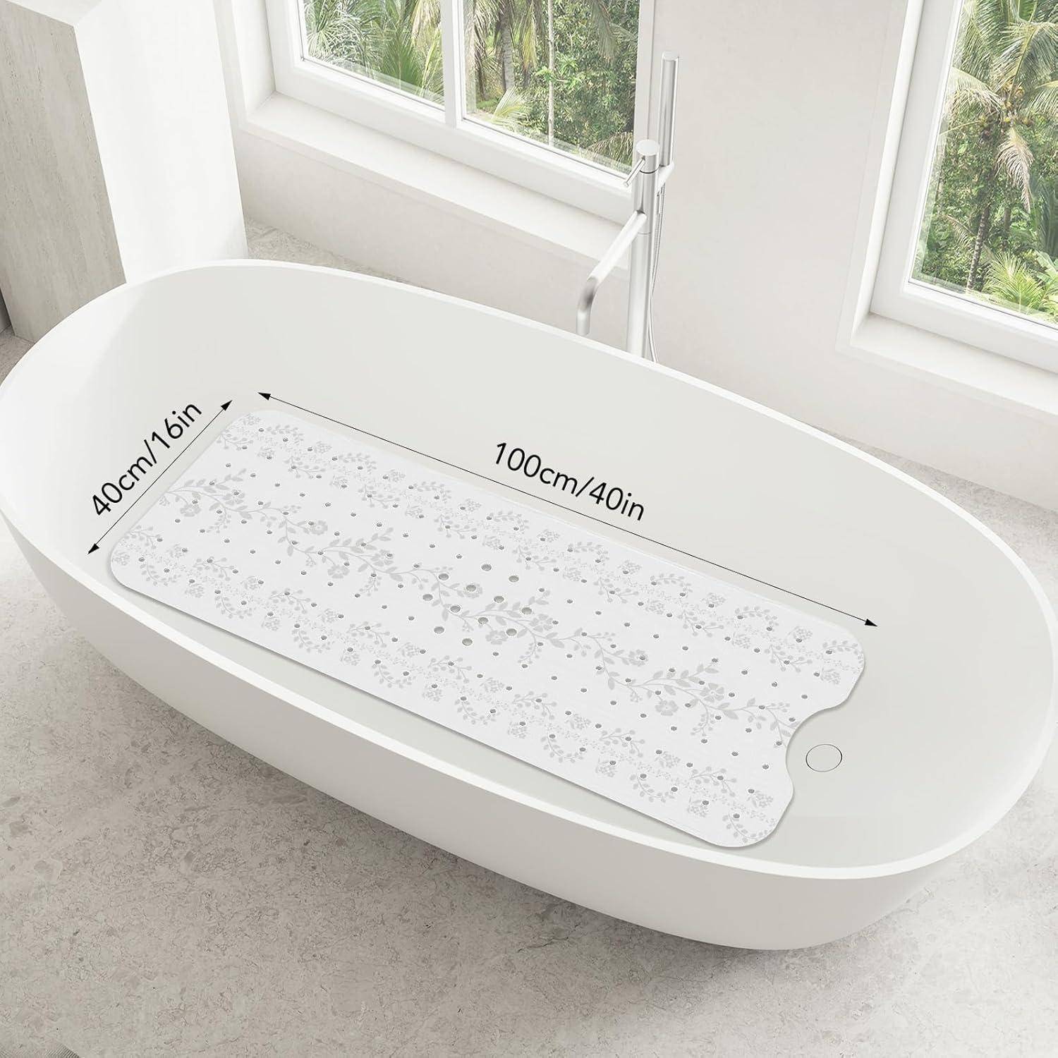 Ovale weiße Badewanne mit rutschfester Badematte im Inneren, beschriftet mit 100 cm/40 Zoll Länge und 40 cm/16 Zoll Breite.