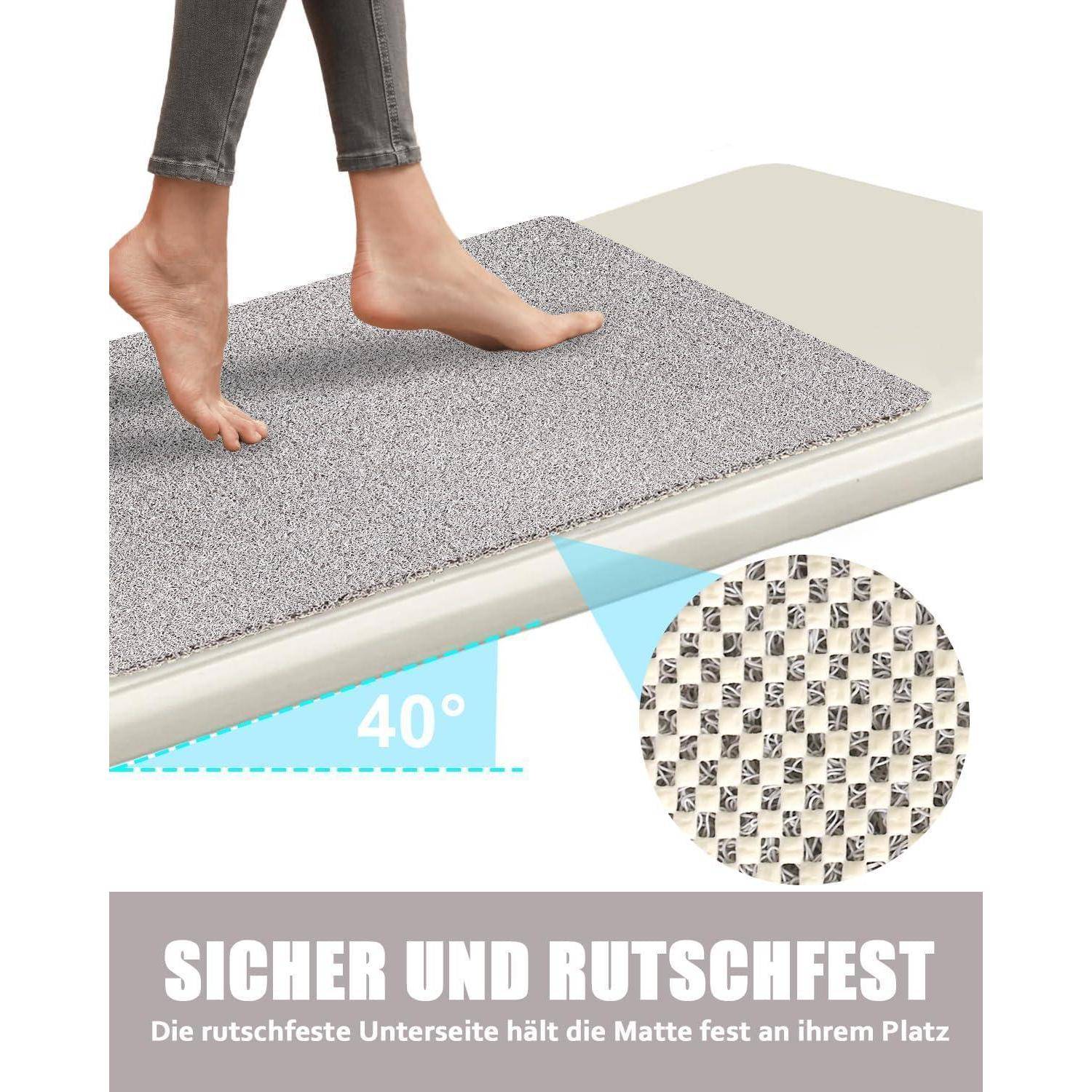 Barfüße treten auf eine graue Antirutschmatte mit einer 40°-Neigungsgrafik und vergrößerter Textur; deutscher Text besagt, dass die Matte sicher an Ort und Stelle bleibt.