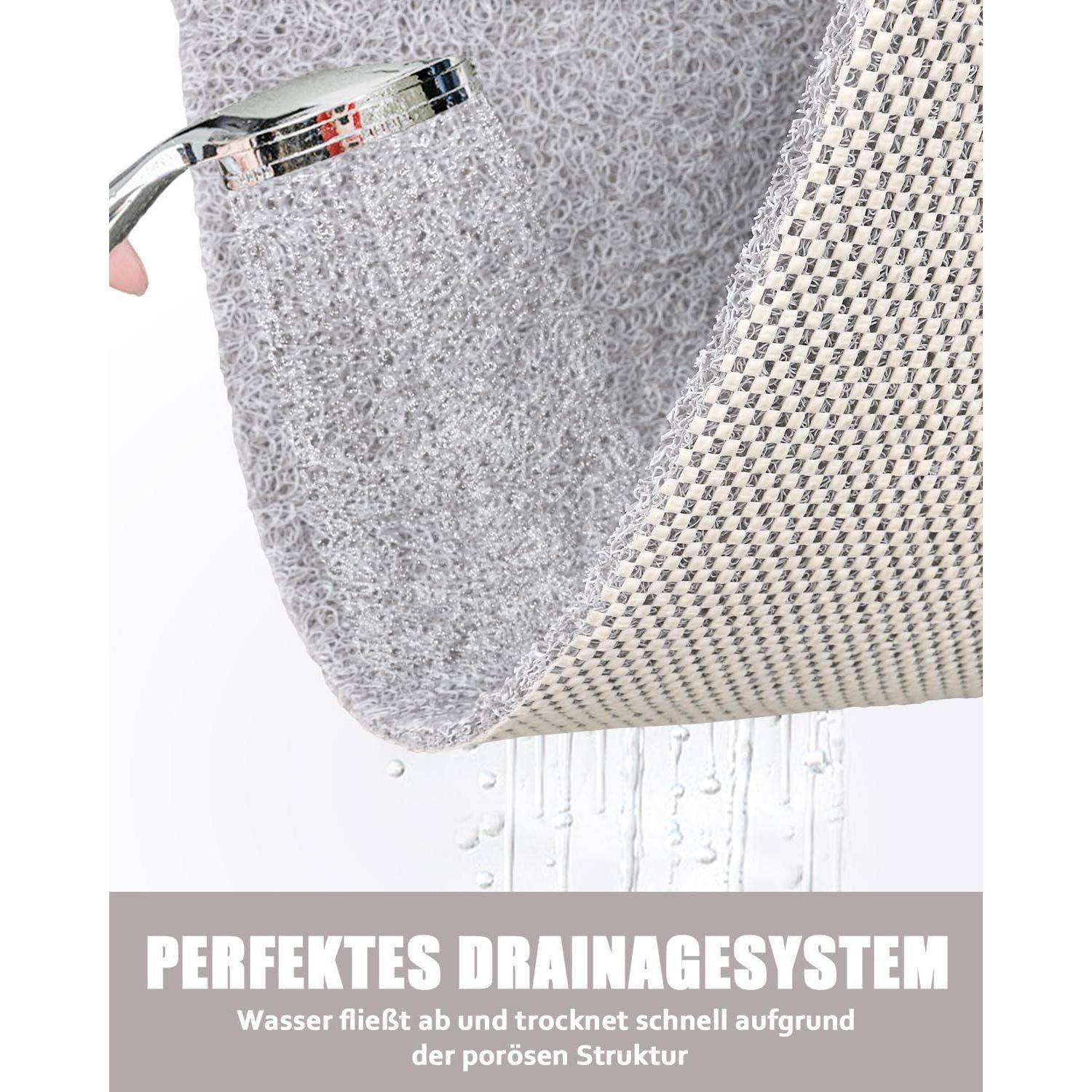 Nahaufnahme einer porösen Matte, die Wasser ablässt, mit deutschem Text „PERFEKTES DRAINAGESYSTEM" und „Wasser fließt ab und trocknet schnell aufgrund der porösen Struktur"".