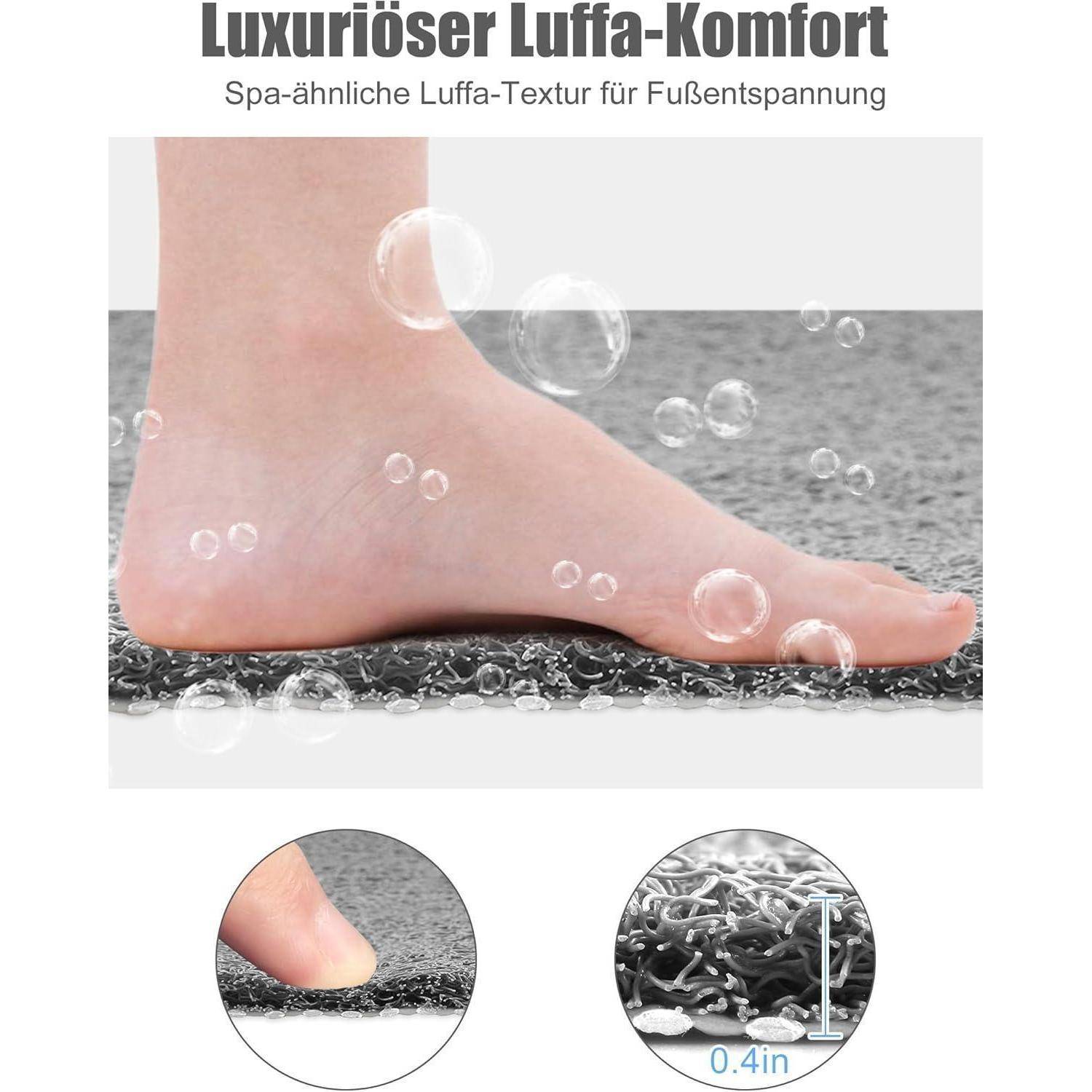 Die Anzeige zeigt einen nackten Fuß, der auf einer gepolsterten grauen Matte mit Blasengrafiken ruht und bewirbt 