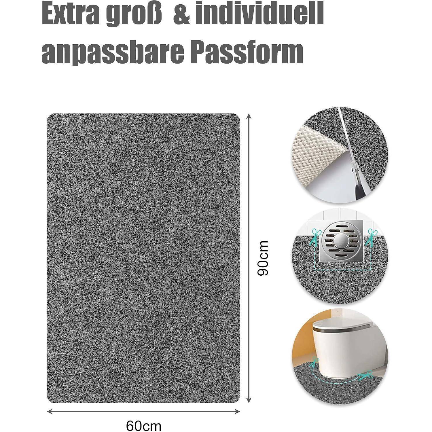 Grauer, anpassbarer Badezimmermatte, 90 cm x 60 cm, gezeigt mit Ausschnittsbeispielen für Ablauf und Toilettensockel; deutscher Text besagt „Übergroß & individuell anpassbare Passform