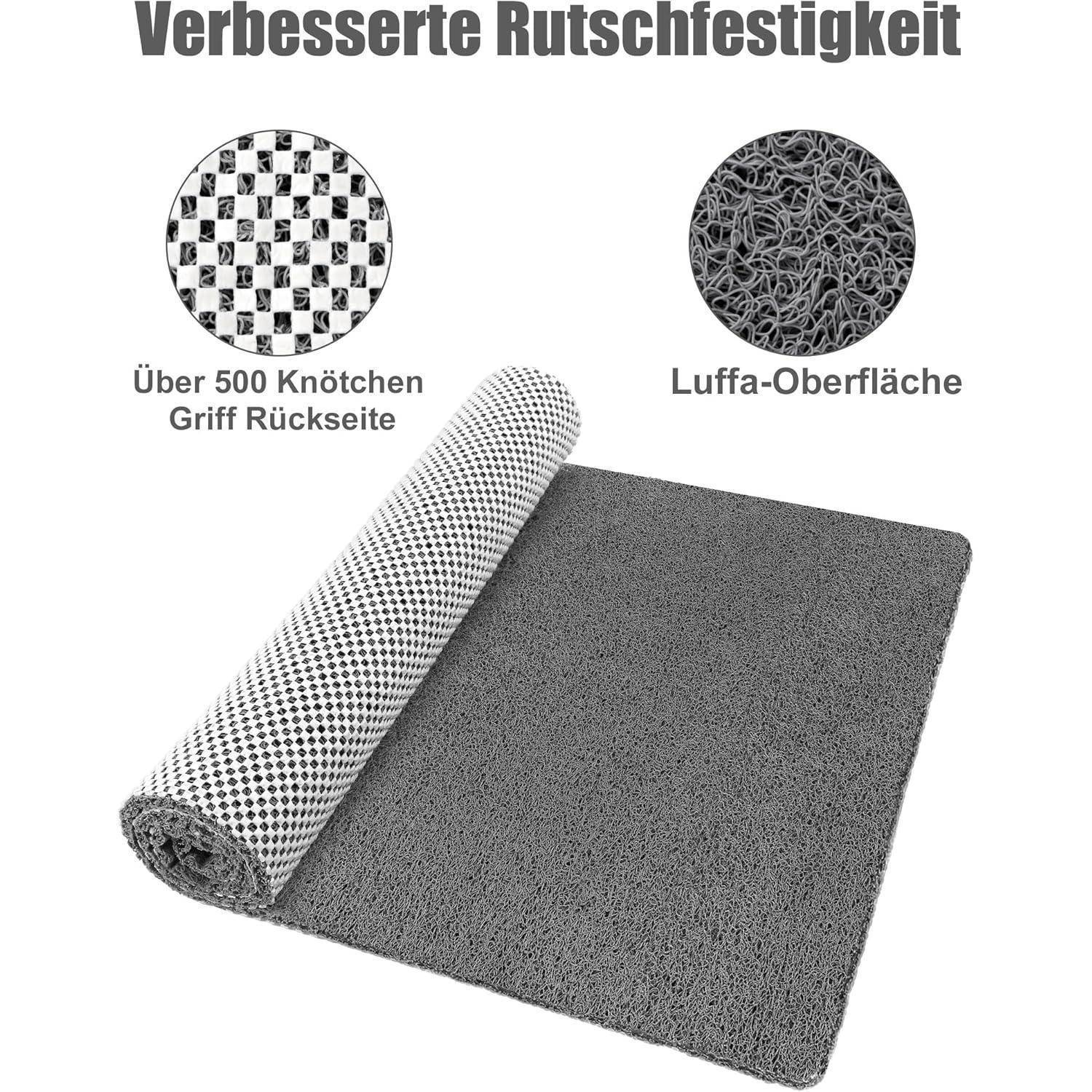 Deutsches Produktgrafik einer strukturierten Matte mit verbesserter Rutschfestigkeit, mit Nahaufnahmen beschriftet mit „Über 500 Knötchen Griff Rückseite