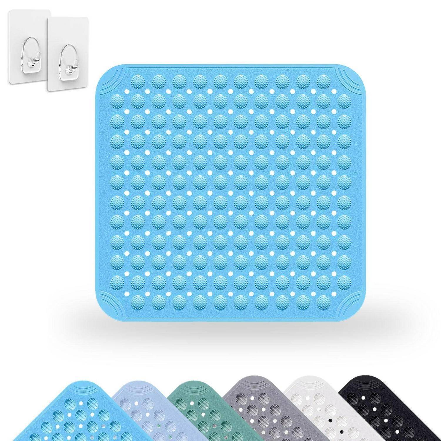 Blaue Silikon-Antirutschmatte für die Badewanne mit Saugnapfen, gezeigt mit Wandhaken und mehreren Farboptionen darunter.