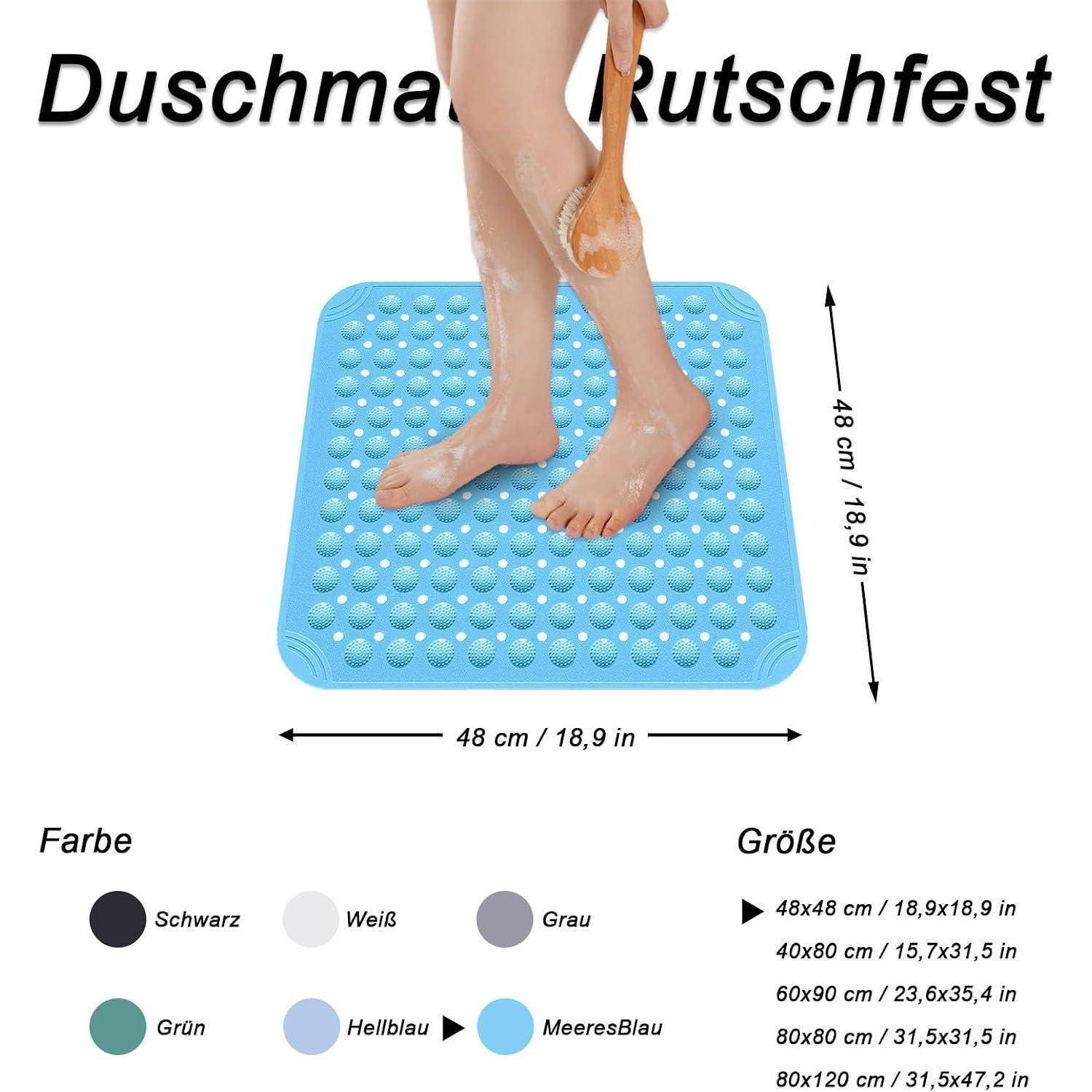 Blaue Saugnapf-Duschmatte in Verwendung dargestellt, gekennzeichnet mit „Duschmatte Rutschfest