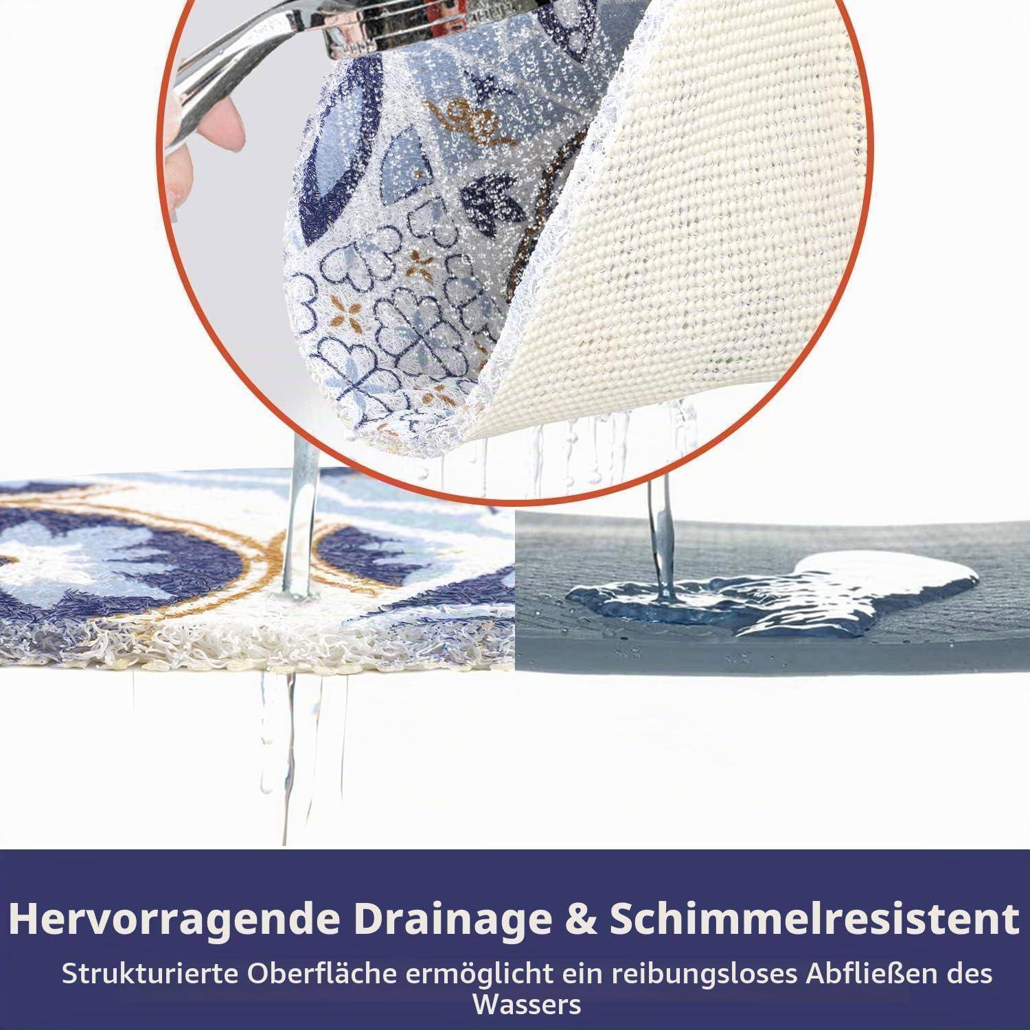 Anzeige, die einen Teppich mit Wasser zeigt, das durch seine strukturierte Oberfläche abfließt; der deutsche Text lautet „Hervorragende Drainage & Schimmelresistent
