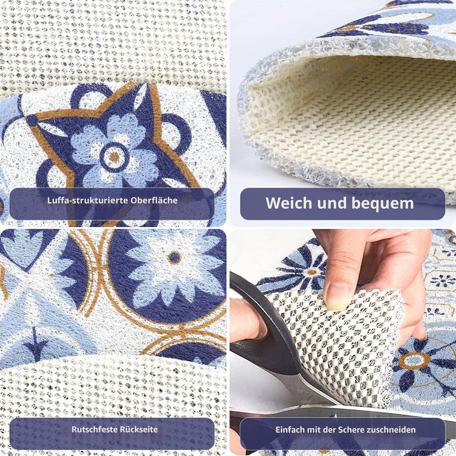 Collage, das einen Teppich mit Blumenmuster und strukturierter Oberfläche zeigt, mit gekennzeichneten Merkmalen „Luffa-strukturierte Oberfläche