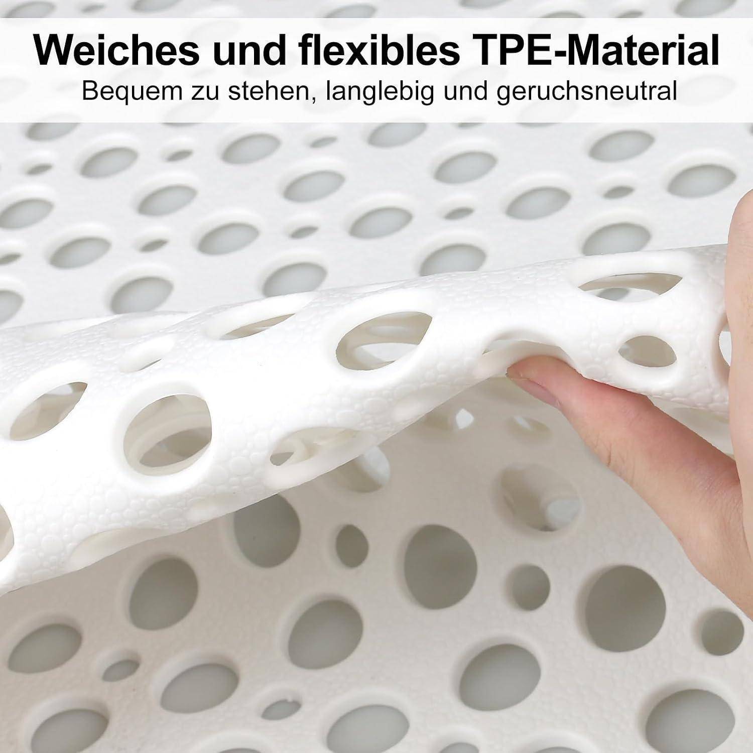 Hand hebt eine flexible weiße TPE-Matte mit großen runden Löchern; deutscher Text sagt, dass sie weich, langlebig und geruchlos ist.