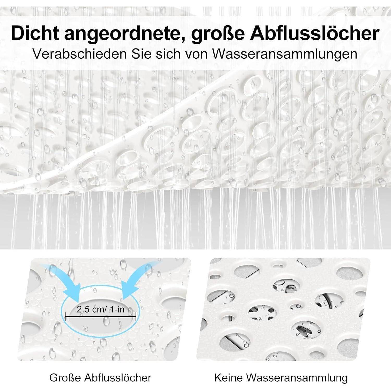 Deutsches Produktgrafik zeigt dichte große Abflusslöcher, die Wasseransammlung verhindern, mit Beschriftungen 