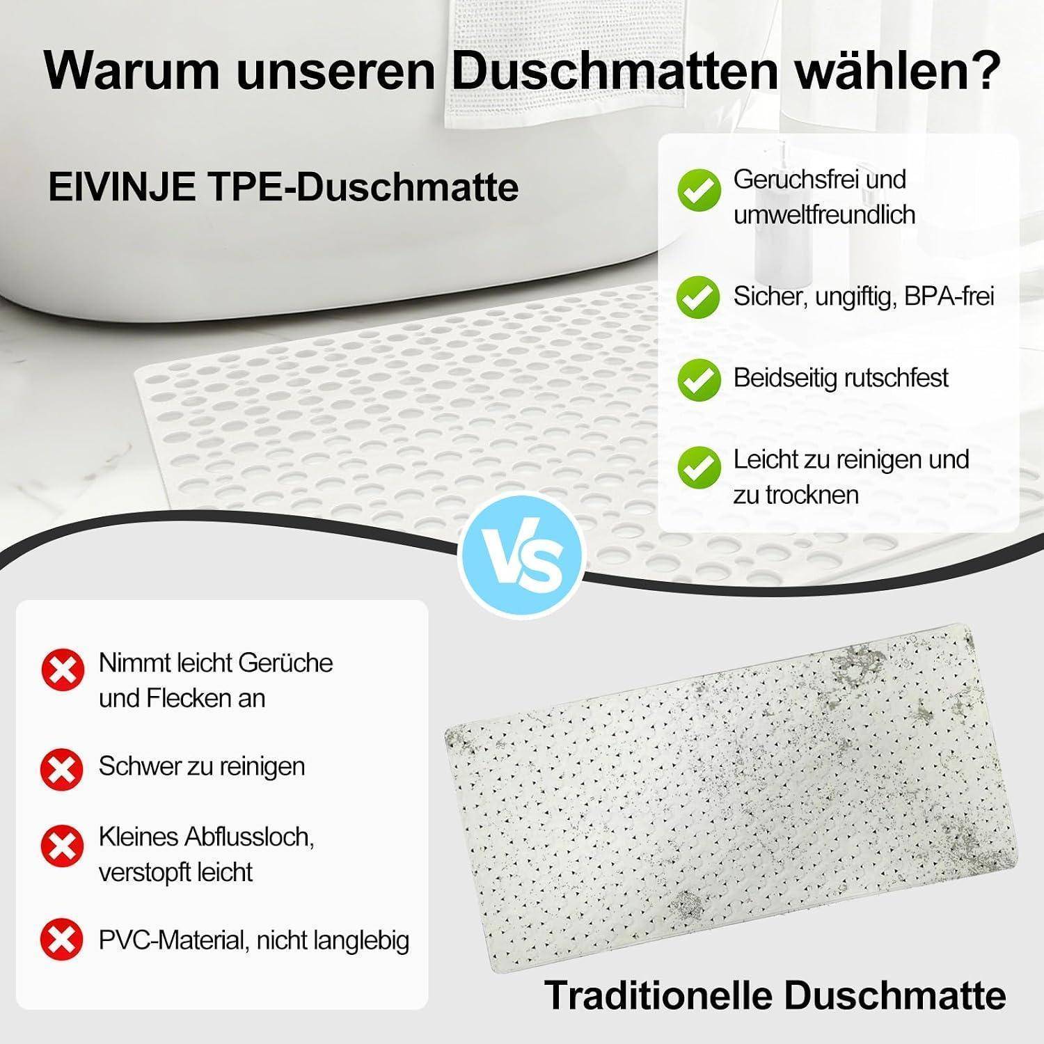 Deutscher Vergleich: EIVINJE TPE-Badematte ist geruchsfrei, umweltfreundlich, sicher, rutschfest und leicht zu reinigen; traditionelle Matte absorbiert Gerüche, nimmt Flecken auf, verstopft und nutzt sich ab.