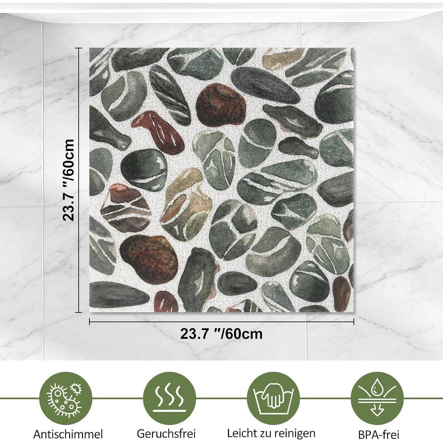 Quadratische Matte 23,7 x 23,7 Zoll (60 x 60 cm) mit Blattmuster-Design; Symbole weisen auf schimmelresistent, geruchsfrei, leicht zu reinigen, BPA-frei hin.