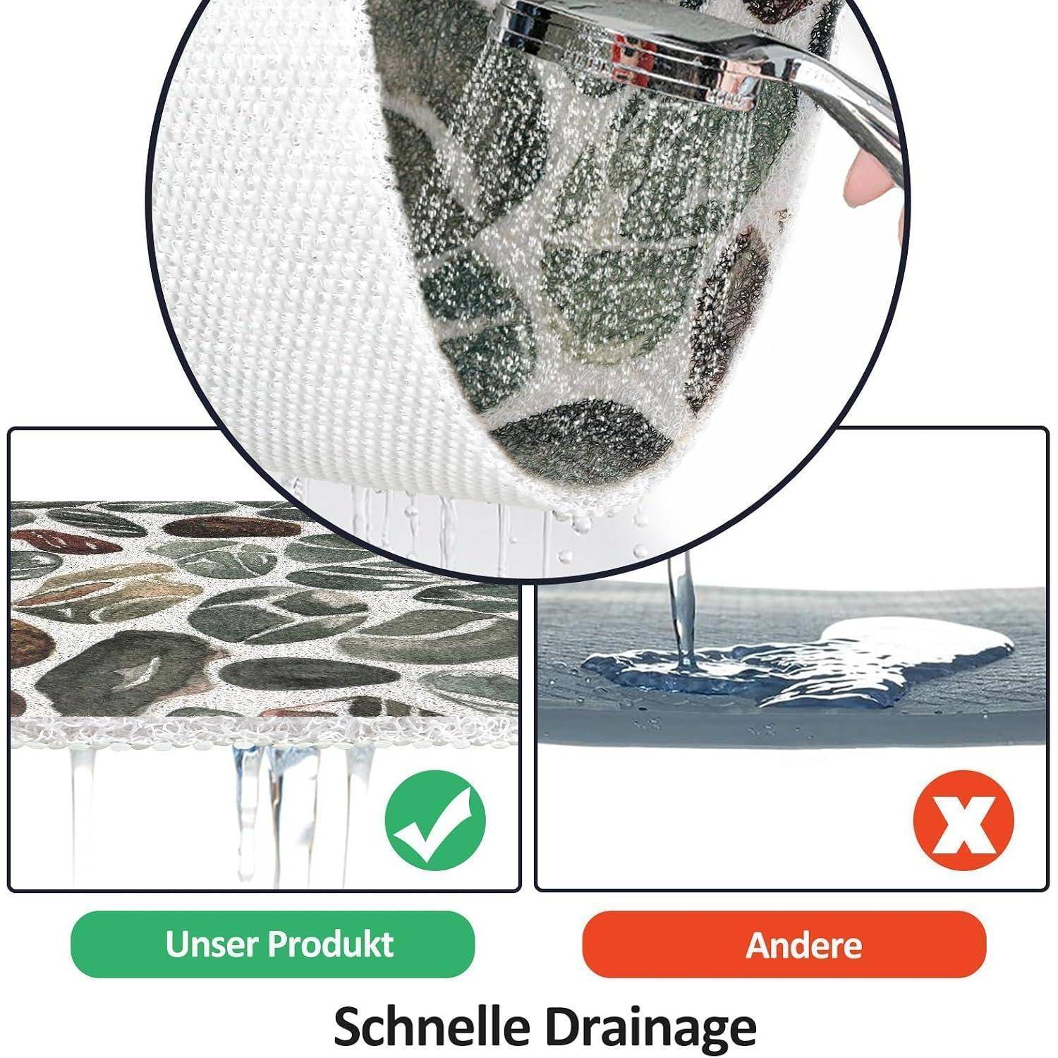 Vergleichsgrafik, die zeigt, dass „Unser Produkt" schnell ablauft und „Andere"" Wasser speichert; Nahaufnahme von Wasser, das durch Stoff fließt, mit der Beschriftung „Schnelle Drainage"".