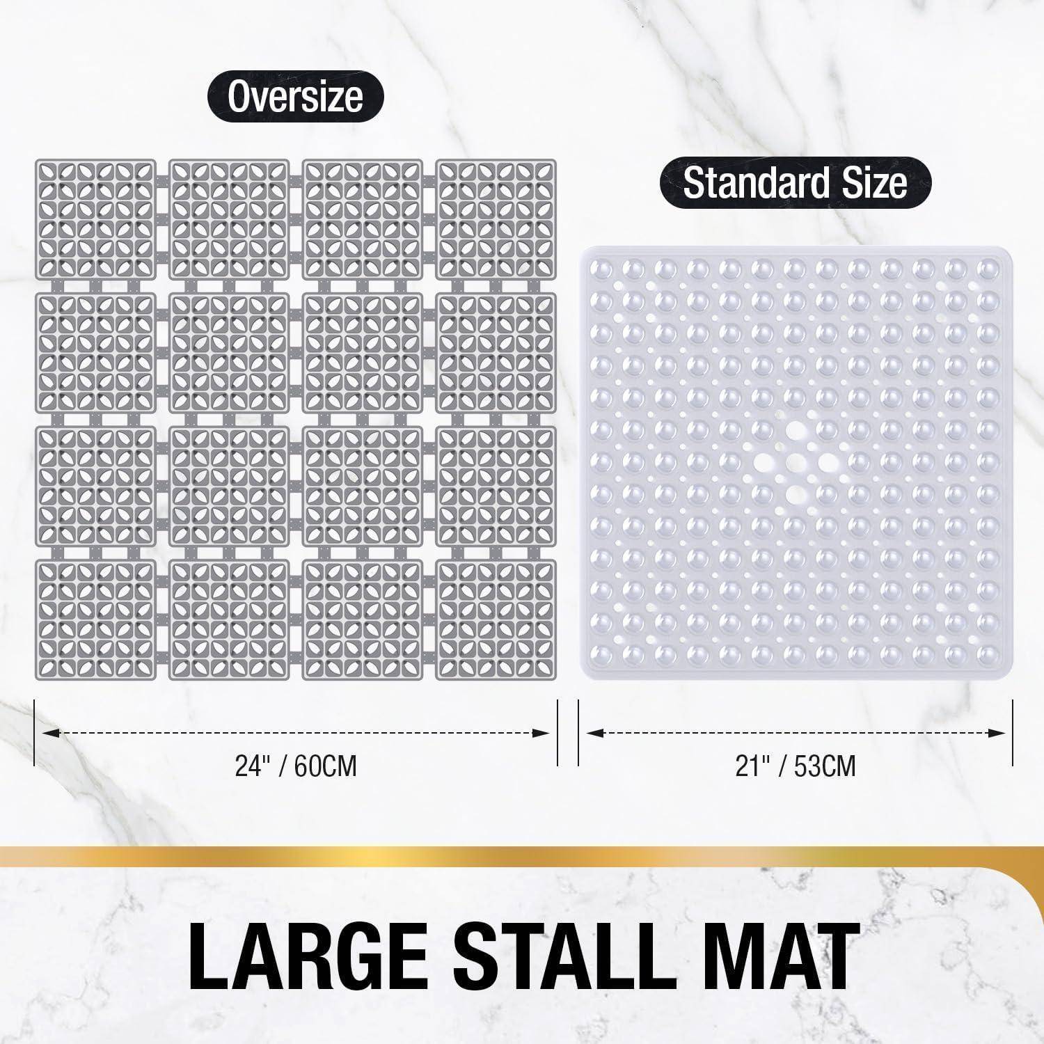 Vergleichsgrafik einer großen Stallmatte in Übergröße und Standardgröße, die 24 in/60 cm gegenüber 21 in/53 cm zeigt und das Label 