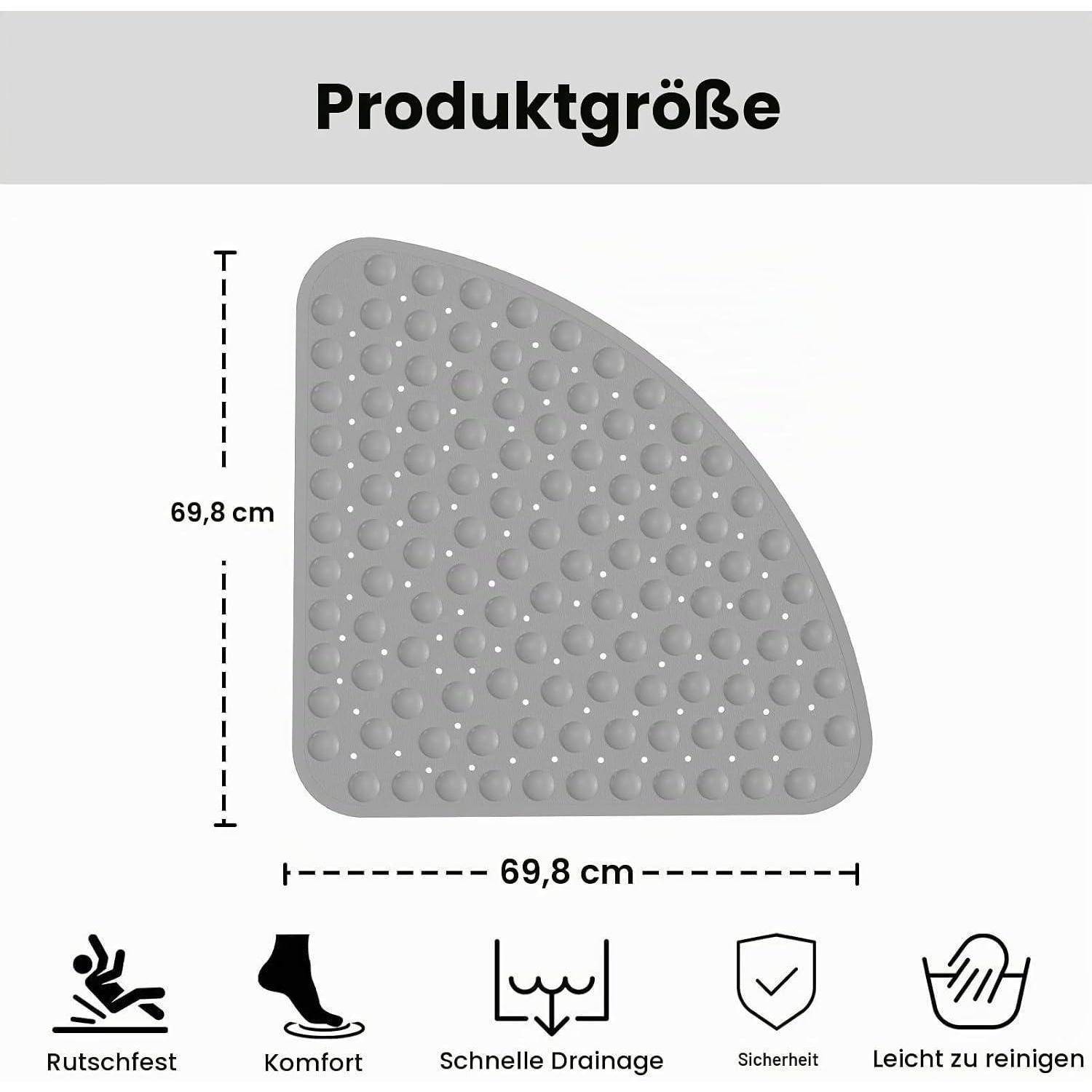 Grauer strukturierter rutschfester Badezimmerteppich als Produktgrößendiagramm dargestellt, 69,8 cm hoch und 69,8 cm breit, mit Symbolen für Komfort, schnelle Entwässerung, Sicherheit und einfache Reinigung.