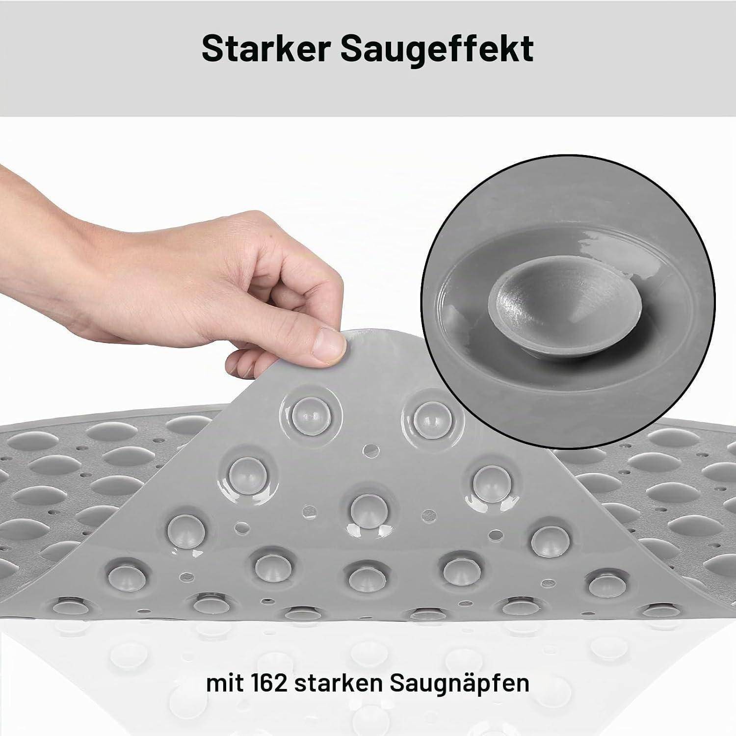 Hand hebt eine graue durchlochte Matte mit Saugnäpfen an; eine Nahaufnahme zeigt einen Saugnapf. Der Text sagt „Starker Saugeffekt