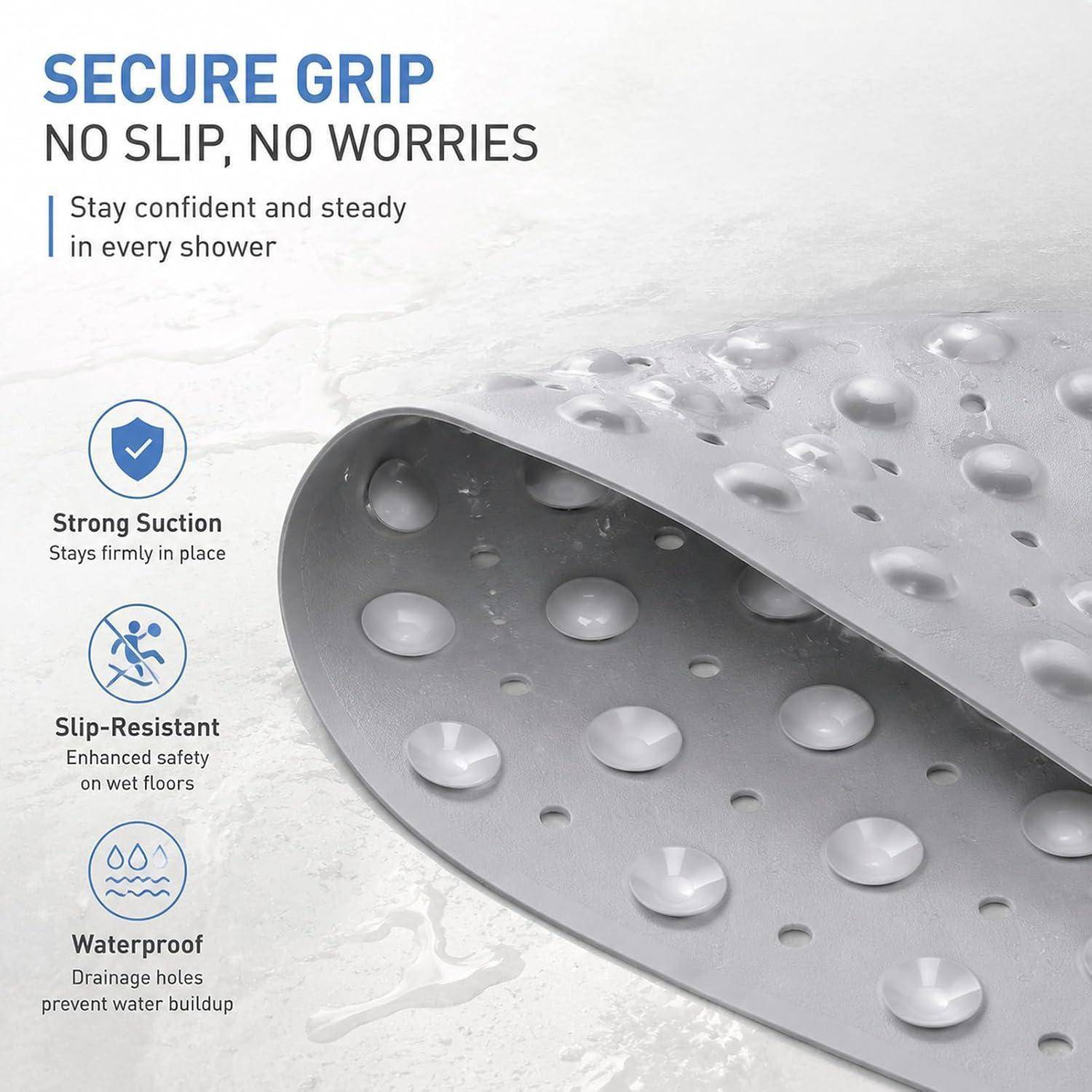 Anzeige für eine graue Badematte mit Saugnäpfen und Entwässerungslöchern, gekennzeichnet mit „Secure Grip