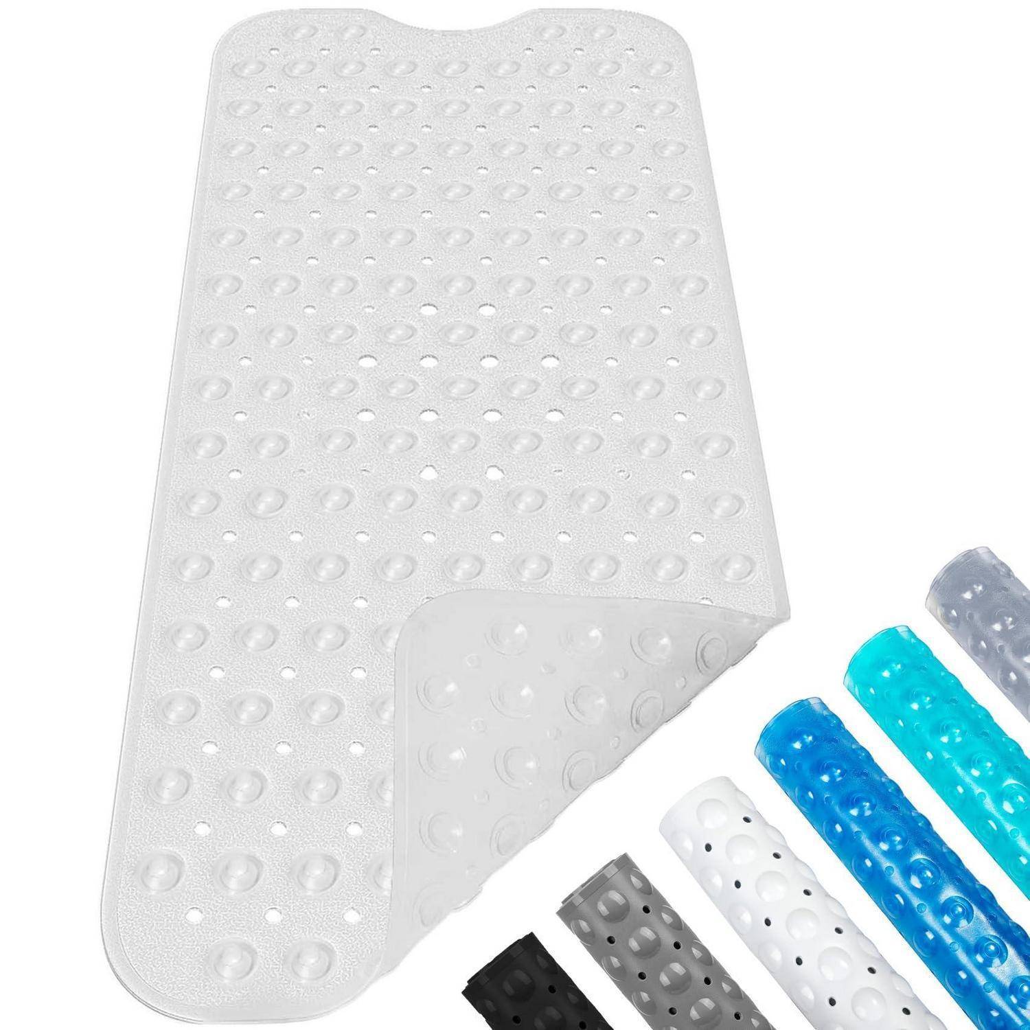Weiße strukturierte Badewannenmatte aus Gummi mit Saugnapfn, gefaltet dargestellt, um mehrere Farboptionen zu zeigen: Schwarz, Grau, Weiß, Blau, Cyan und Transparent.