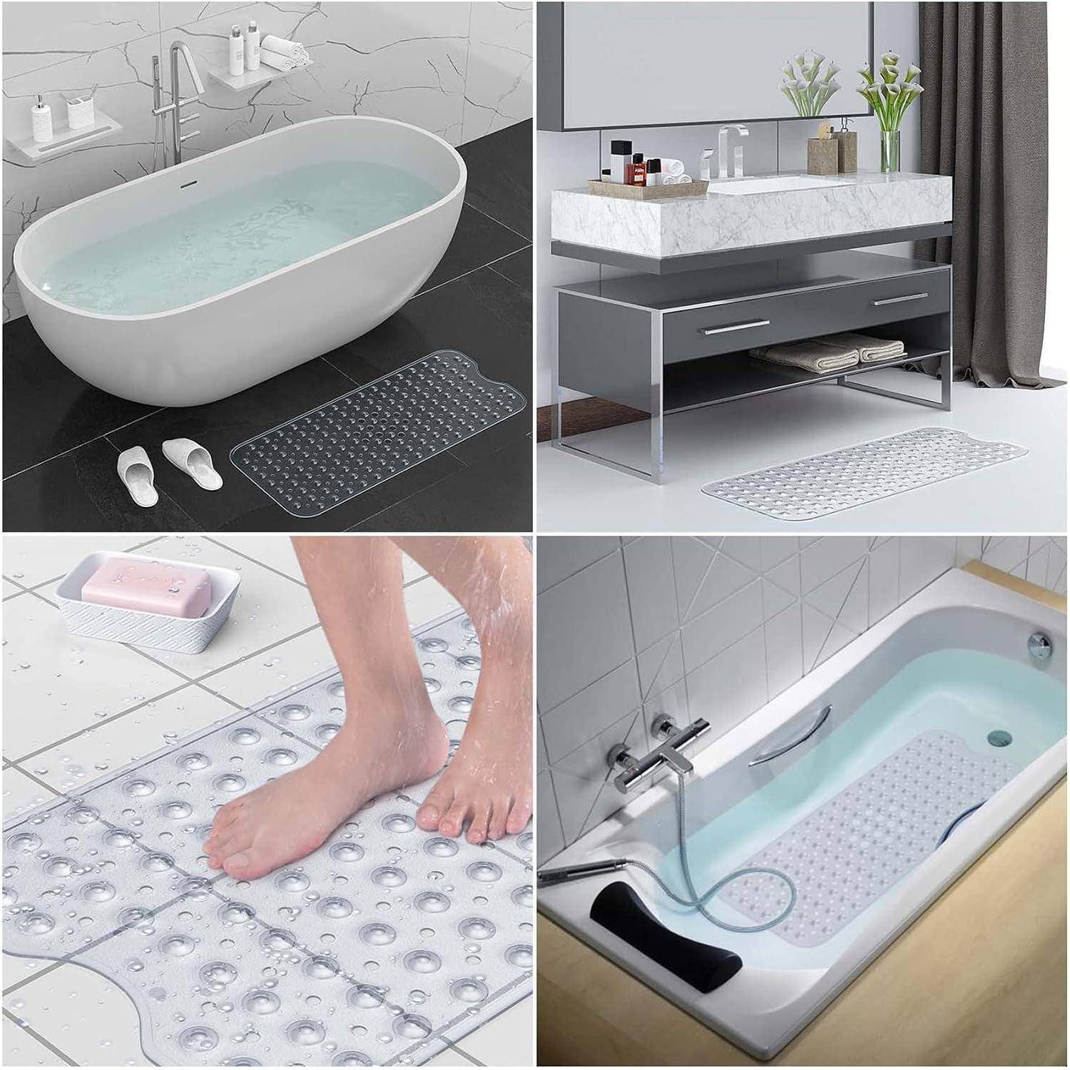Collage mit transparenten rutschfesten Badematten in einer Badewanne, Dusche und auf dem Badezimmerboden, mit einer Matte unter einem Waschtisch für sicheren Halt.