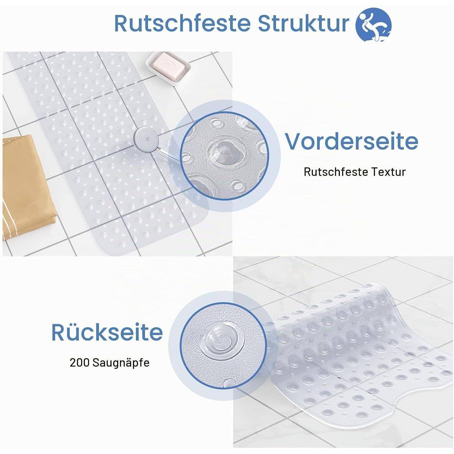 Produktinfografik mit einer rutschfesten Matte mit strukturierter Vorderseite und 200 Saugnäpfen auf der Rückseite, gekennzeichnet mit „Vorderseite