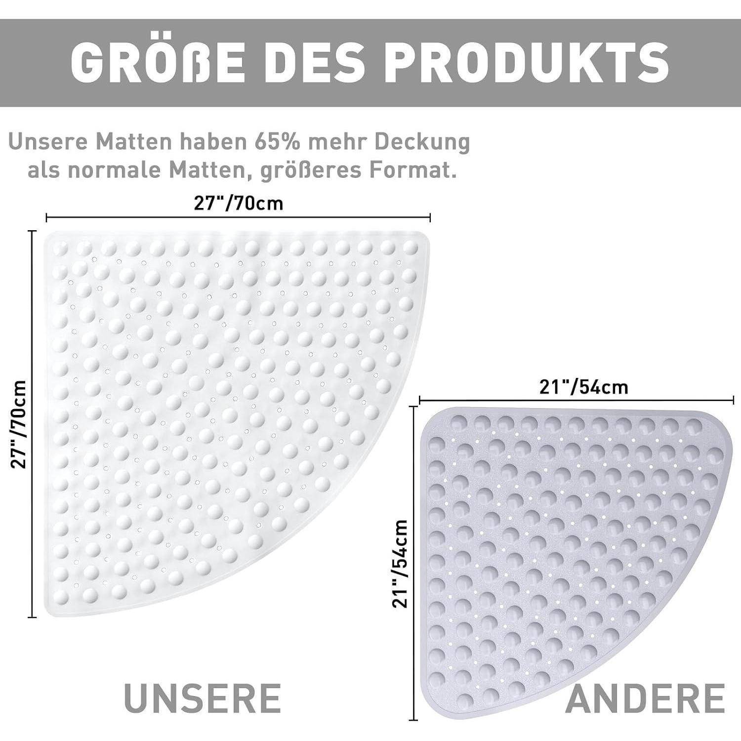 Der Produktgrößenvergleich zeigt, dass unsere Matte größer ist: 27 x 27 Zoll / 70 cm gegenüber einer anderen Matte mit 21 x 21 Zoll / 54 cm, mit 65% mehr Abdeckung.