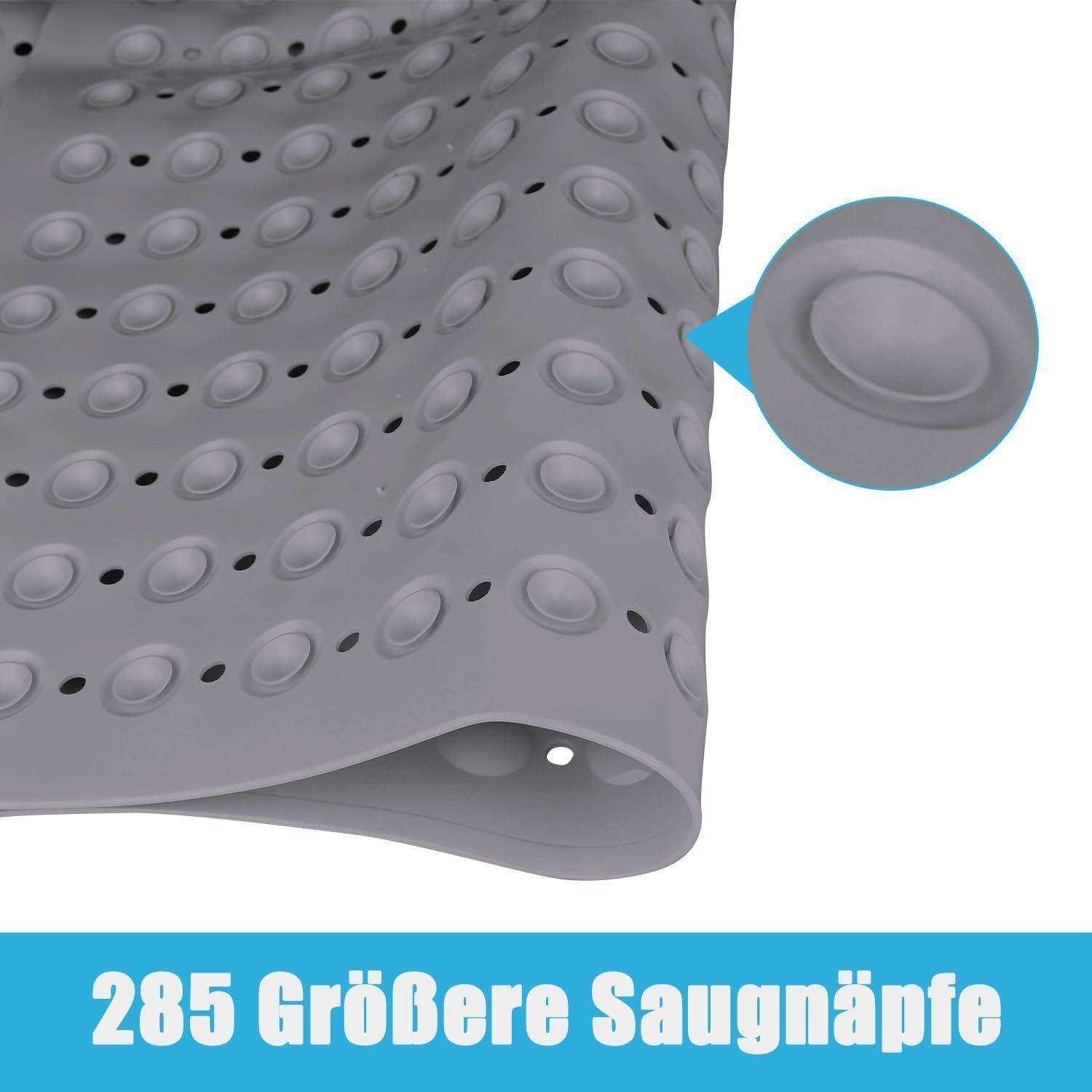 Grau strukturierte Matte mit 285 Saugnäpfen; Ausschnitt vergrößert einen Saugnapf. Der Text lautet „285 Größere Saugnäpfe