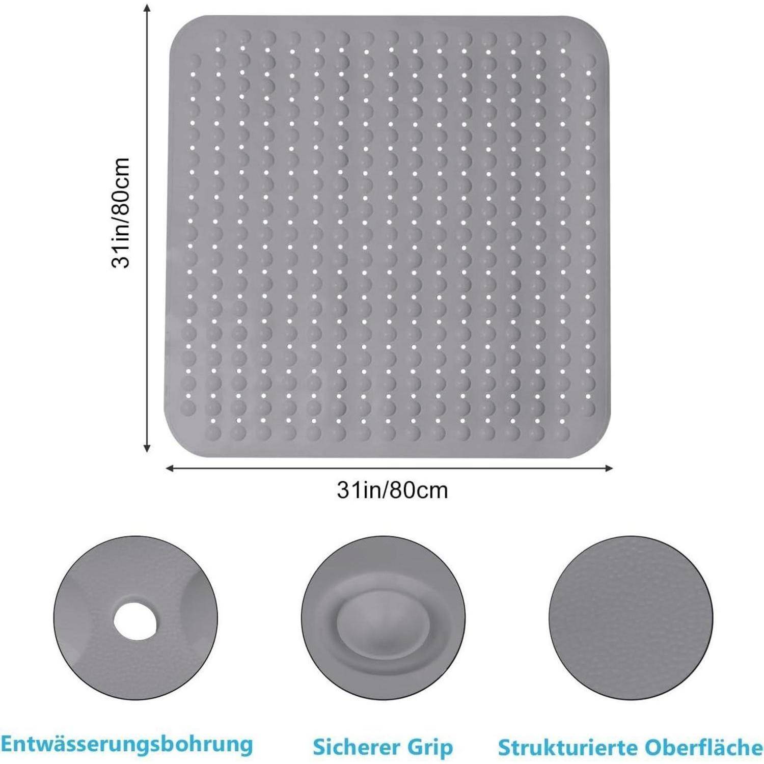 Graue quadratische Duschmatte, 31 x 31 Zoll, mit Entwässerungslöchern, sicherer Bodenhaftung und strukturierter Oberfläche; drei Detailansichten unten.