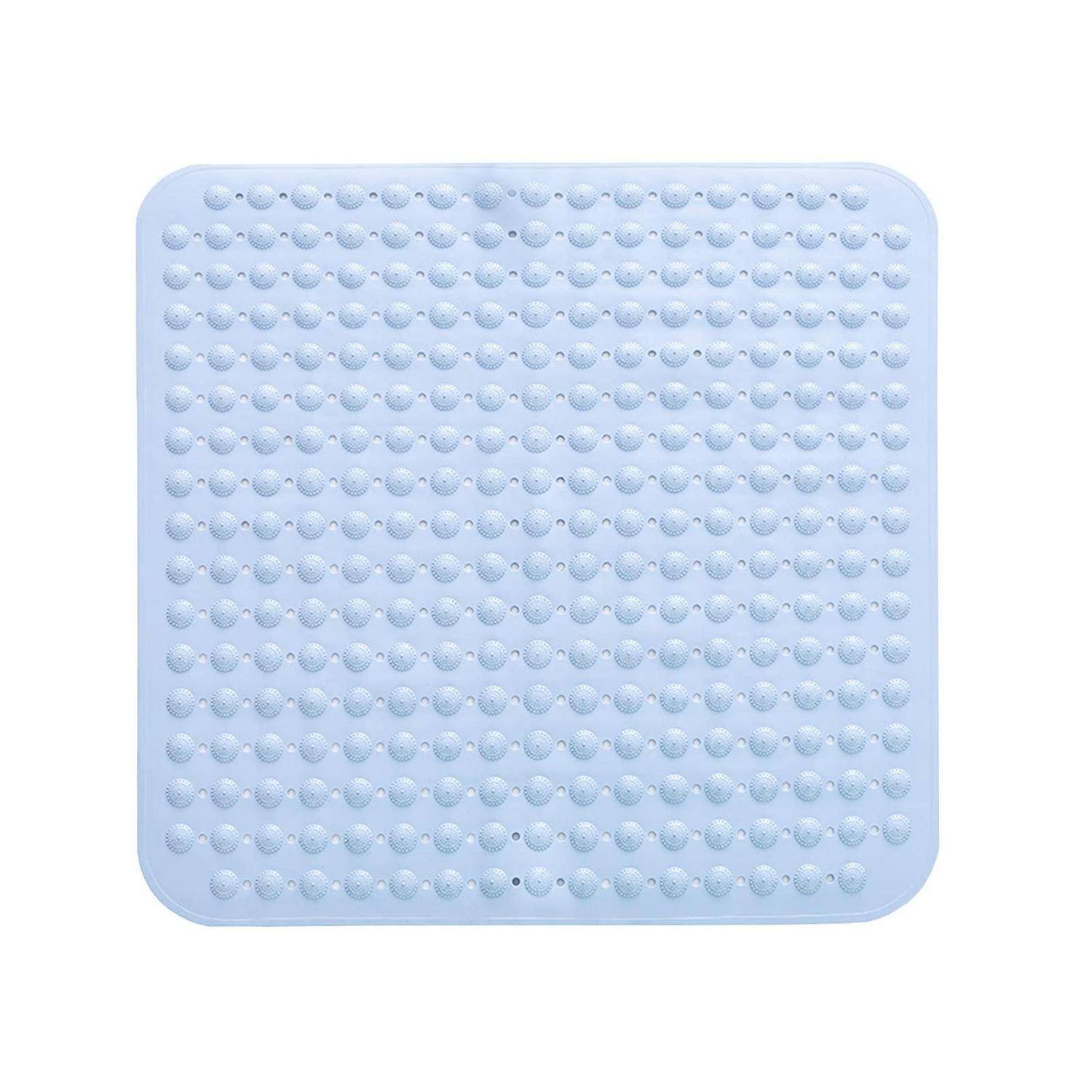 Hellblaue quadratische Matte mit einem Raster aus erhabenen Saugnäpfen auf weißem Hintergrund
