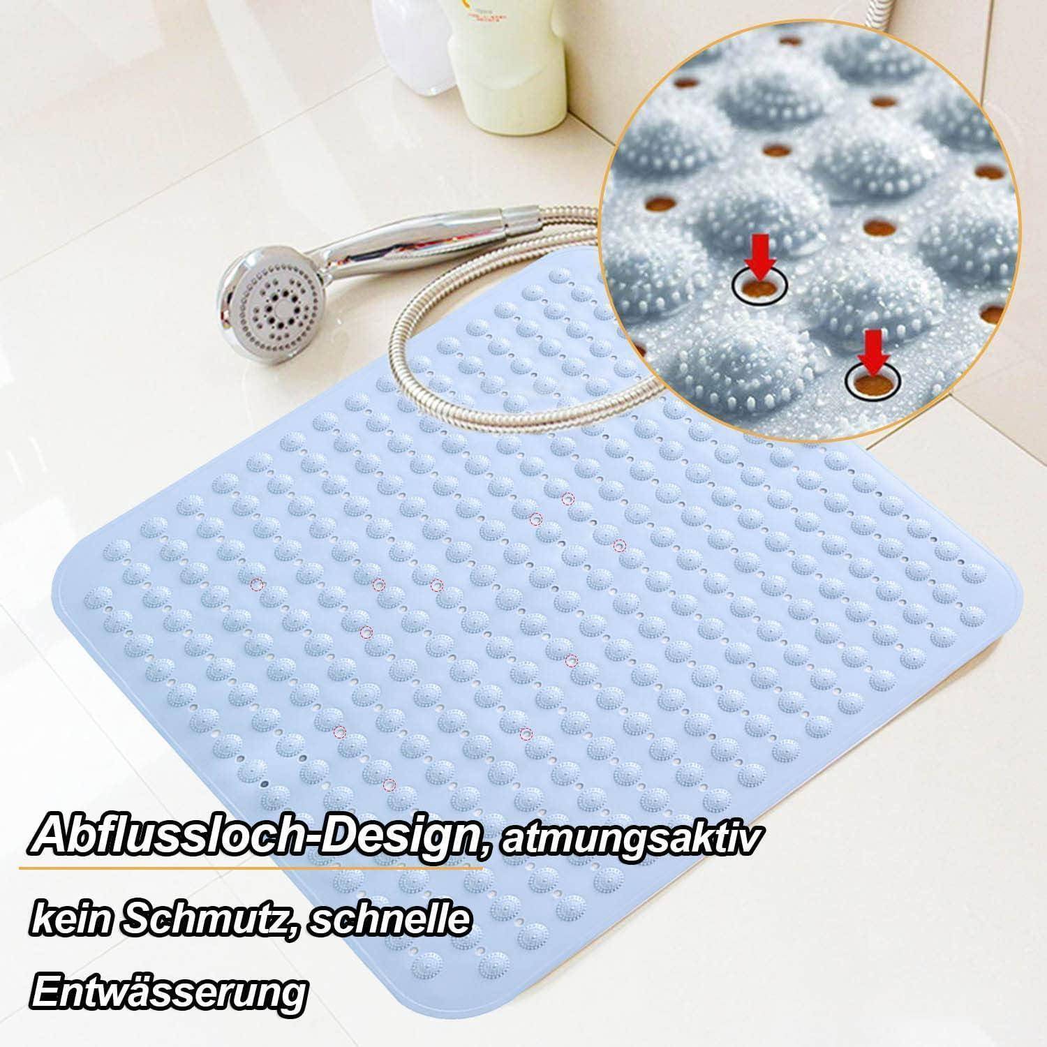 Hellblauflache Badewannenmatte mit Saugnäpfen und Entwässerungslöchern, gezeigt mit Duschkopf und eingefügter Nahaufnahme, die das Anti-Verstopfungs-Design hervorhebt.