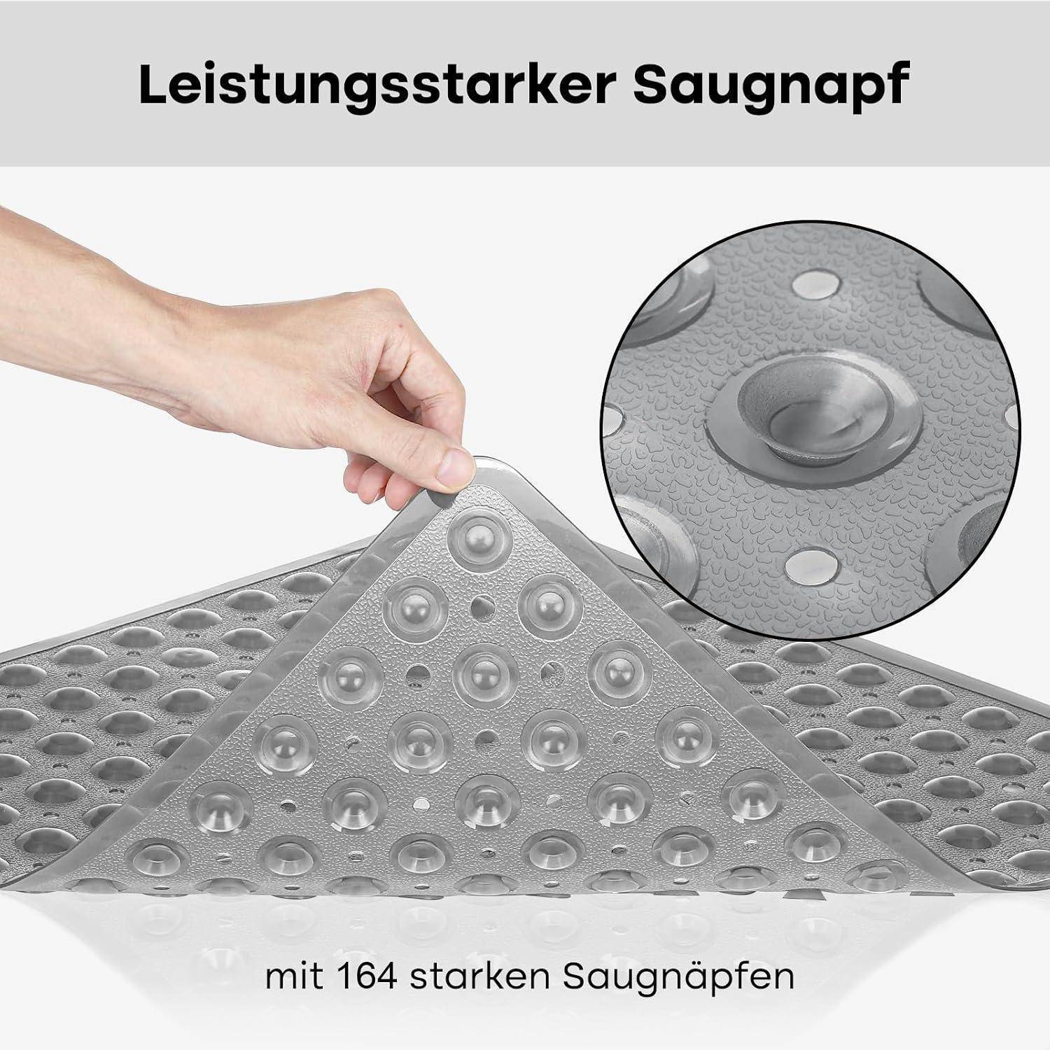 Hand hebt eine strukturierte graue dreieckige Matte mit Saugnäpfen; Inset zeigt Nahaufnahme der Saugnäpfe. Deutscher Text sagt „Leistungsstarker Saugnapf