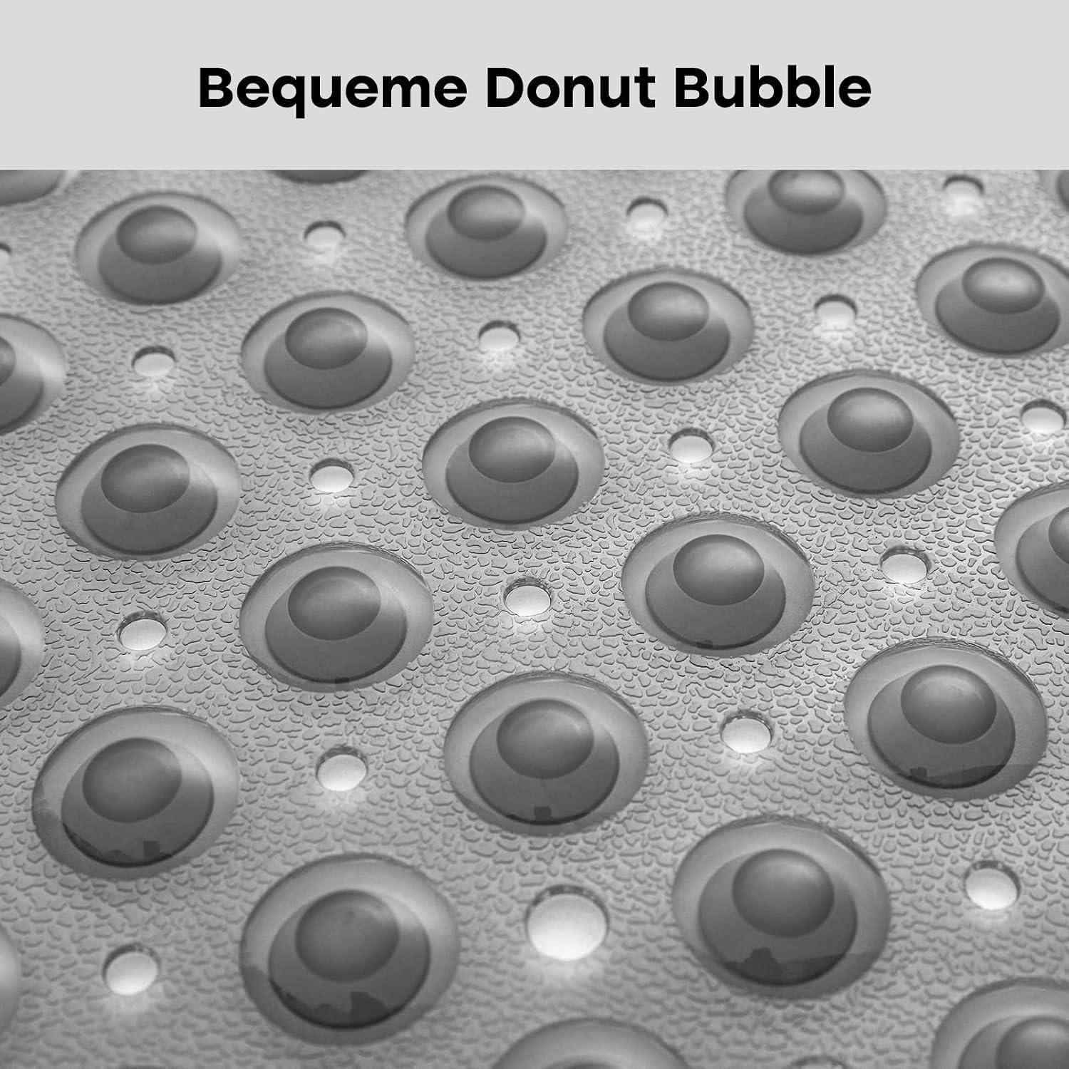 Graue strukturierte Oberfläche mit erhabenen kreisförmigen kissenähnlichen Blasen; Titeltext lautet „Bequeme Donut Bubble