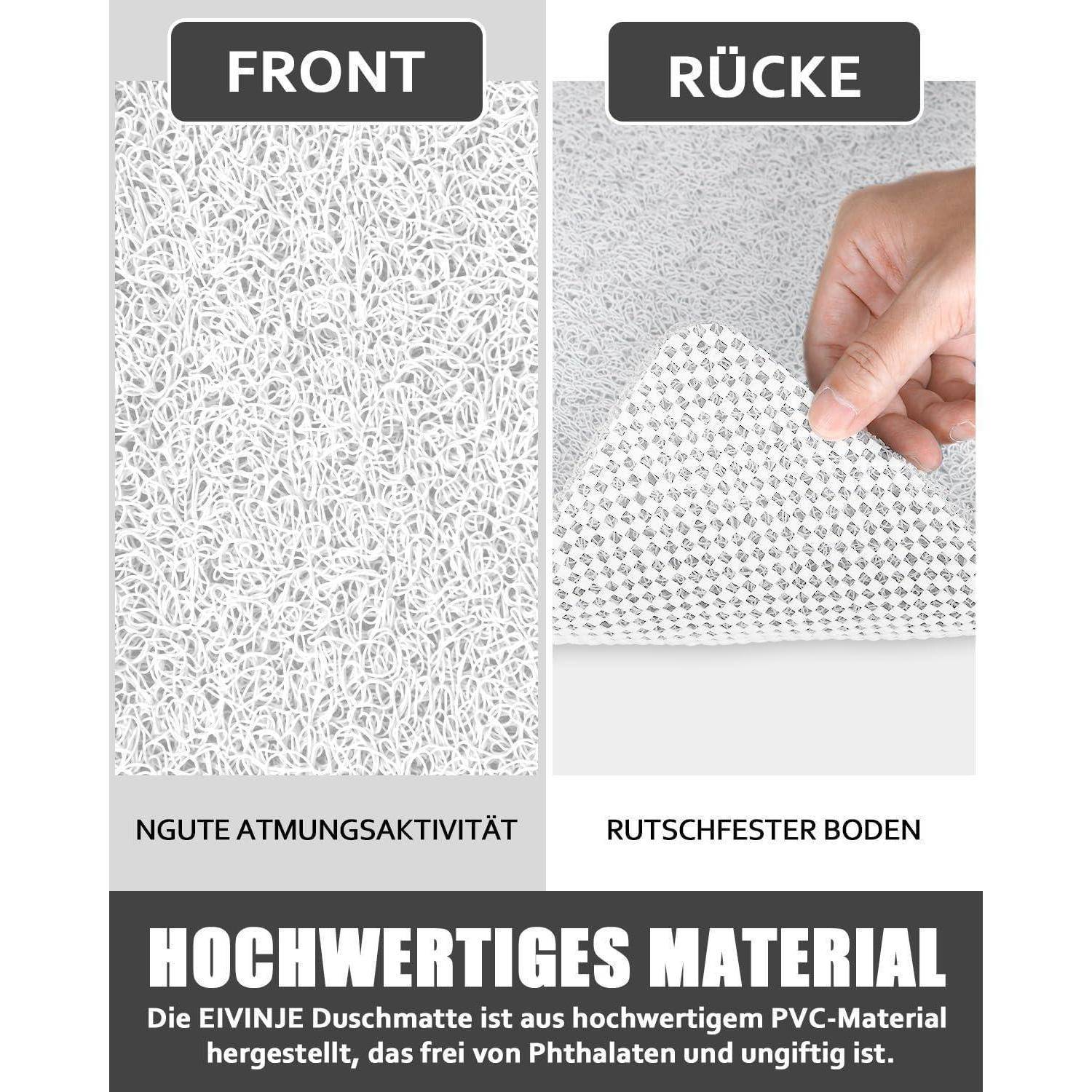 Produktbild mit Vorder- und Rückseite einer weißen PVC-Matte: atmungsaktive Oberfläche, rutschfeste Rückseite und „HOCHWERTIGES MATERIAL