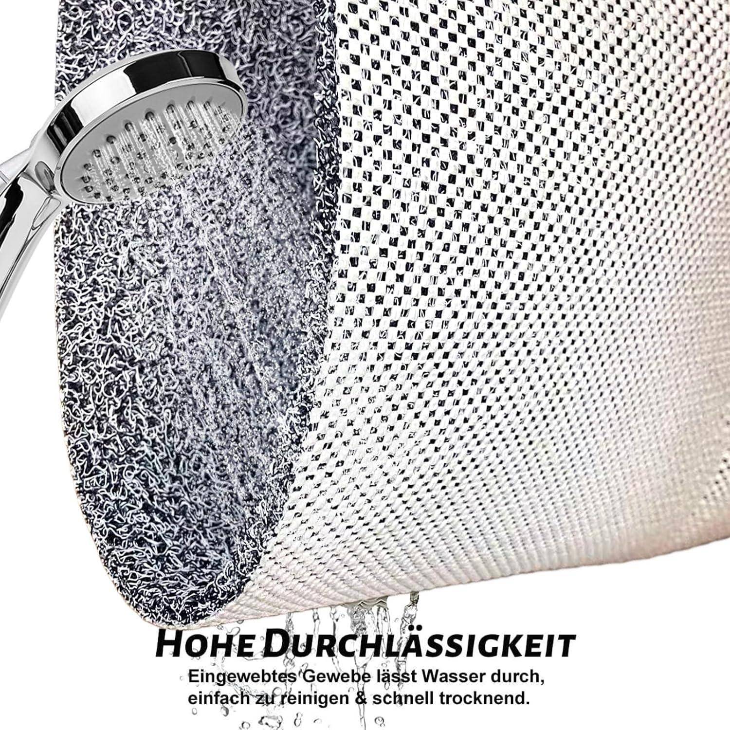 Duschkopf sprüht Wasser auf ein gewebtes Maschengewebe-Muster mit der Bezeichnung „HOHE DURCHLÄSSIGKEIT", das hohe Durchlässigkeit, einfache Reinigung und schnelle Trocknung zeigt.