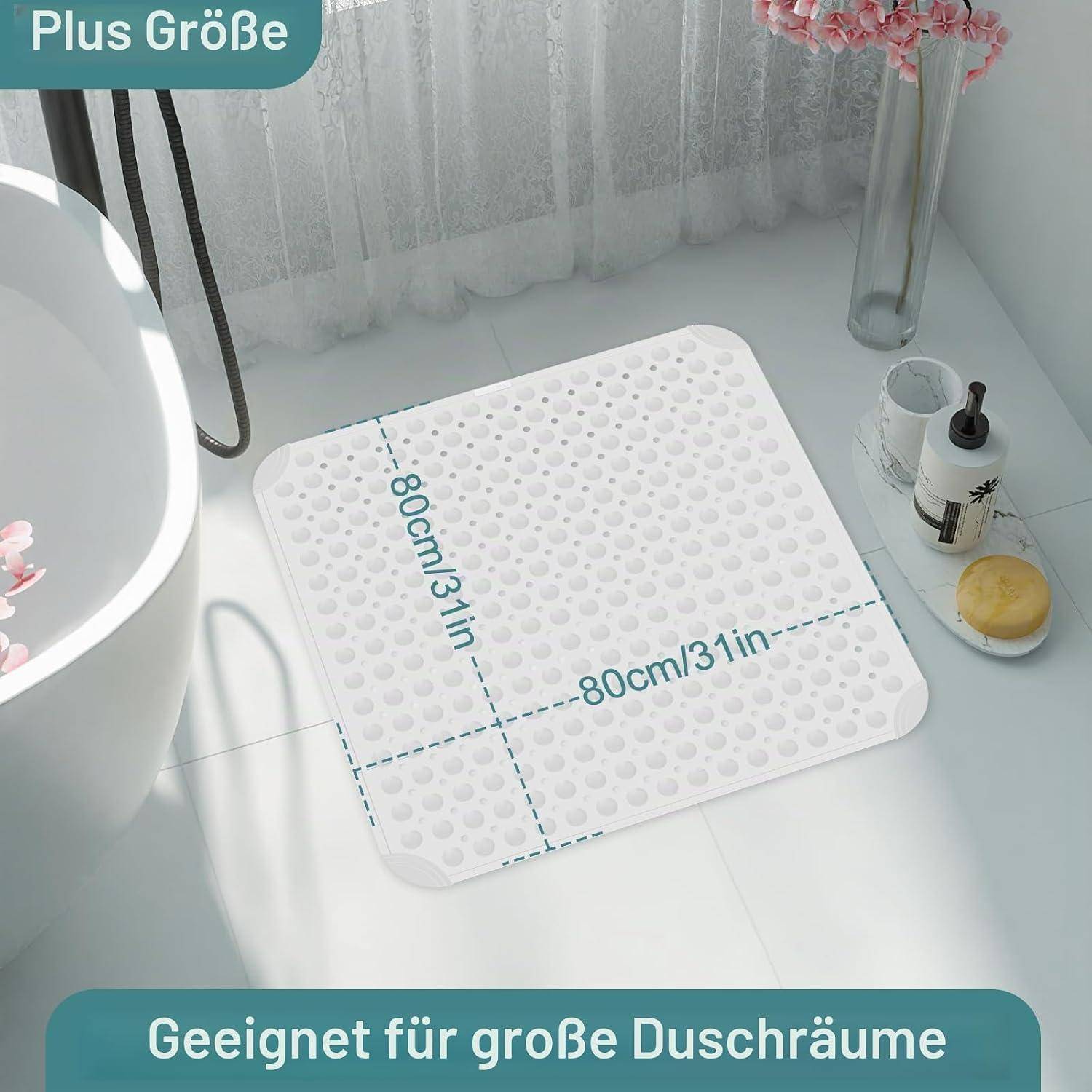 Weiße quadratische Duscheinlage mit Saugnapfpunkten, gekennzeichnet mit 80 cm x 80 cm, in einer Badezimmerszene dargestellt mit dem Text „Plus Größe